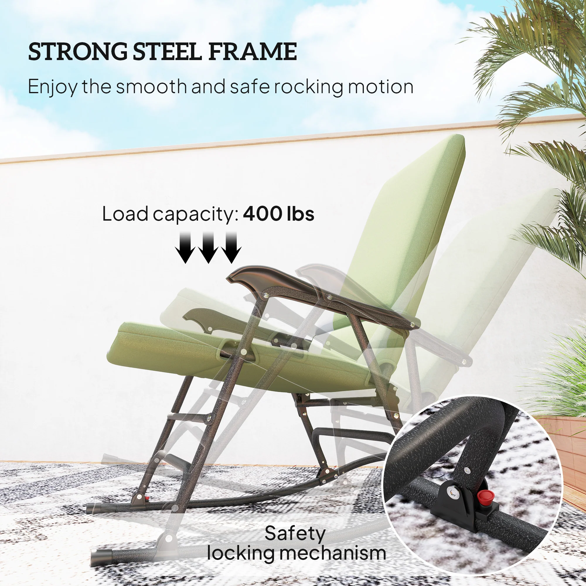 Extra Wide Foldable Patio Rocking Chairs Set with 400 lbs Capacity, Dark Green - Image 6