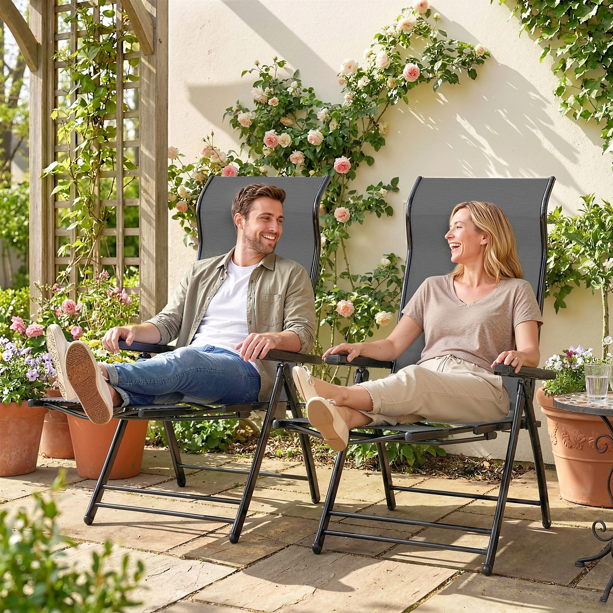 Folding Patio Chairs Set of 2, 5-Position Outdoor Lounge Chairs with High Back, Retractable Footrest, Dark Grey - Image 11