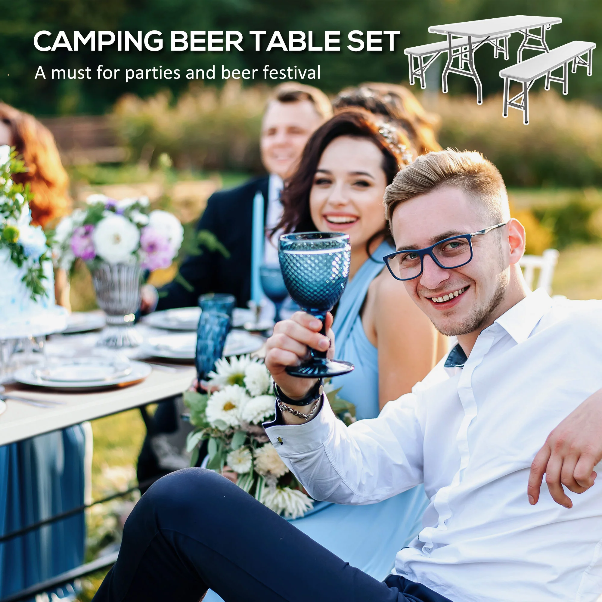 3-Piece Folding Picnic Table w/ 2 Benches, Portable Picnic Table Bench Set for 6, White - Image 7