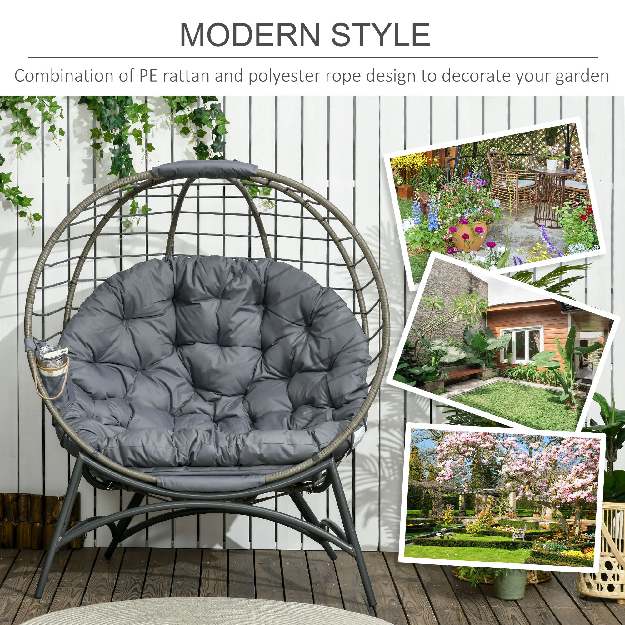 Folding Rattan Egg Chair with Cushion, Bottle Holder Bag for Outdoor or Indoor, Grey - Image 6