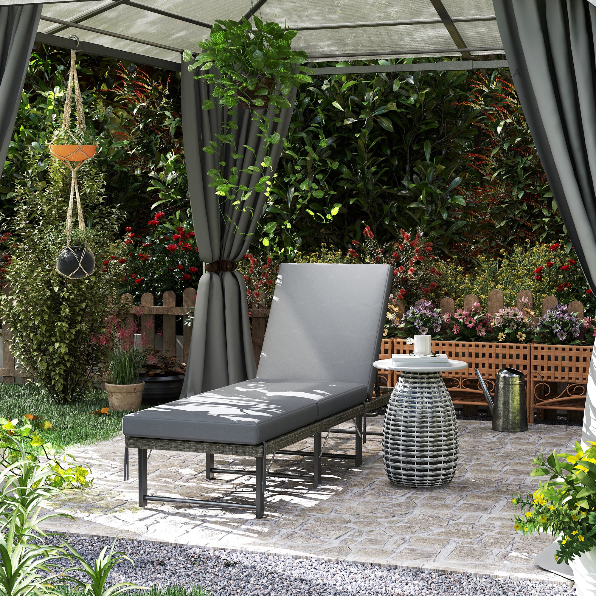 Folding Rattan Sun Lounger, 6-Level Adjustable Recliner with Cushion for Patio, Beach, Grey - Image 3