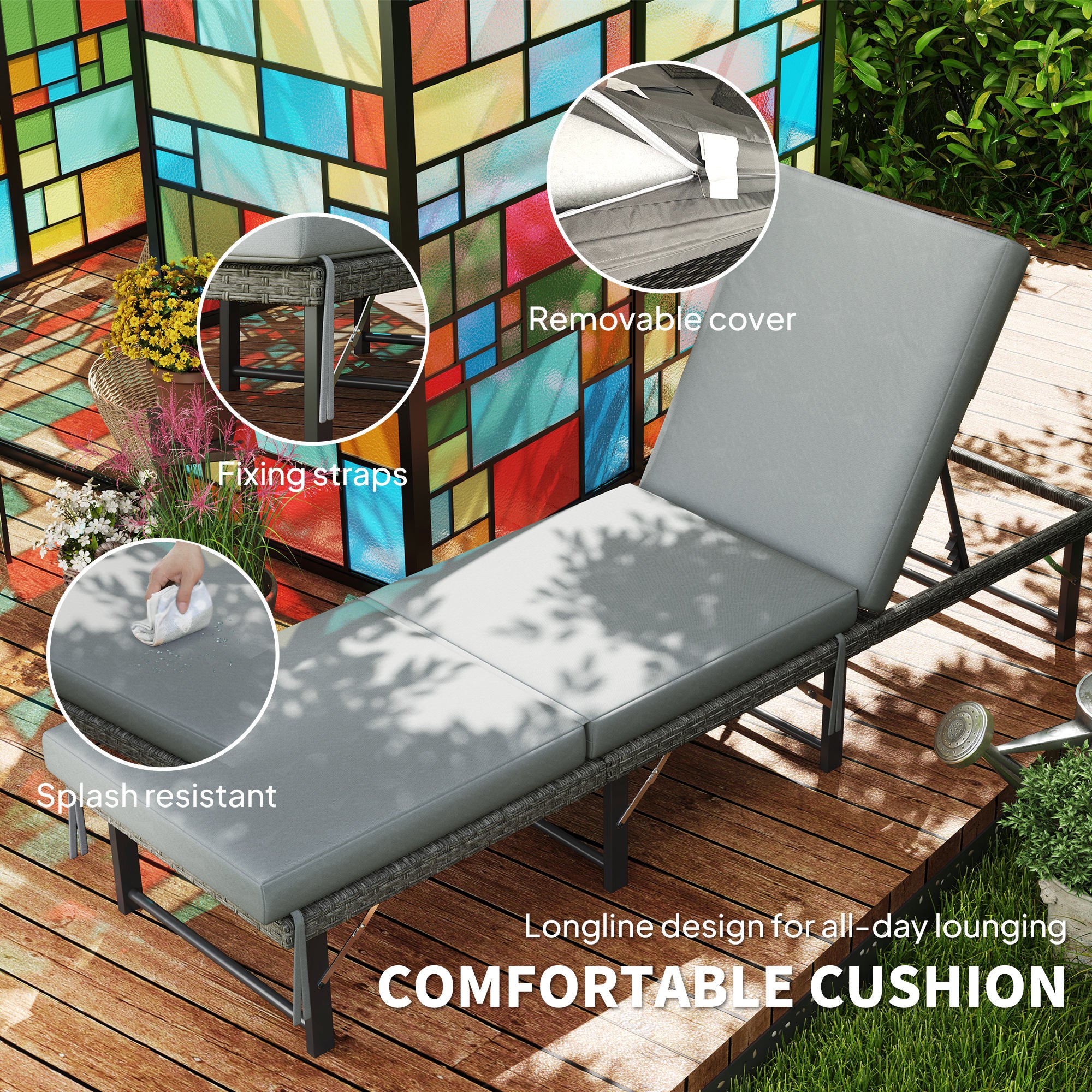 Folding Rattan Sun Lounger, 6-Level Adjustable Recliner with Cushion for Patio, Beach, Grey - Image 9