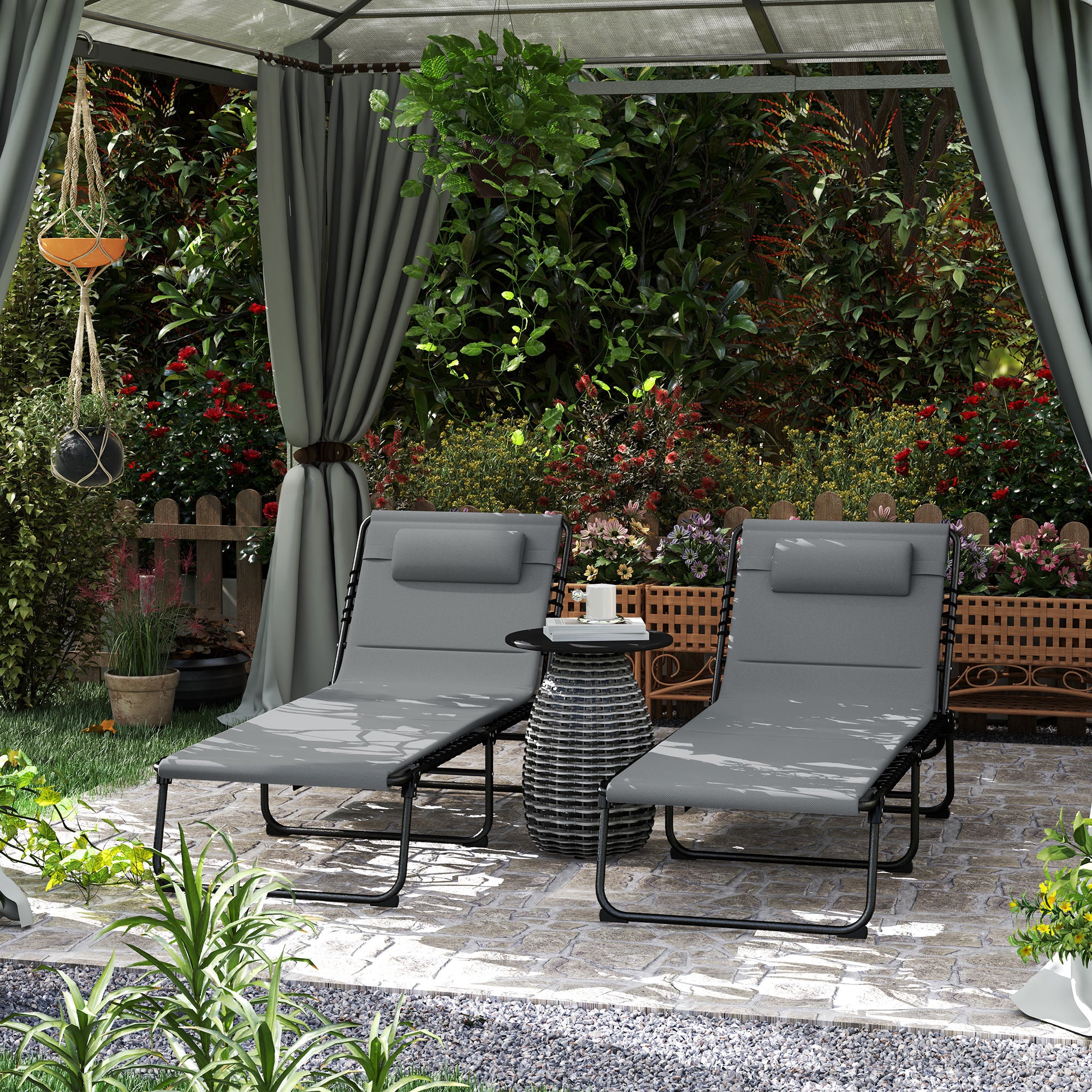Folding Sun Loungers Set of 2, Recliner Garden Chairs with Quick Drying Pad Headrest Side Pocket, Garden Sun Loungers for Beach Pool, Charcoal Grey - Image 3
