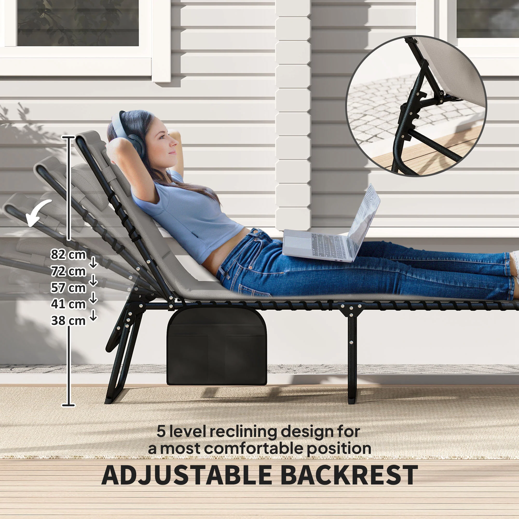 Folding Sun Loungers Set of 2, Recliner Garden Chairs with Quick Drying Pad Headrest Side Pocket, Garden Sun Loungers for Beach Pool, Light Grey - Image 6