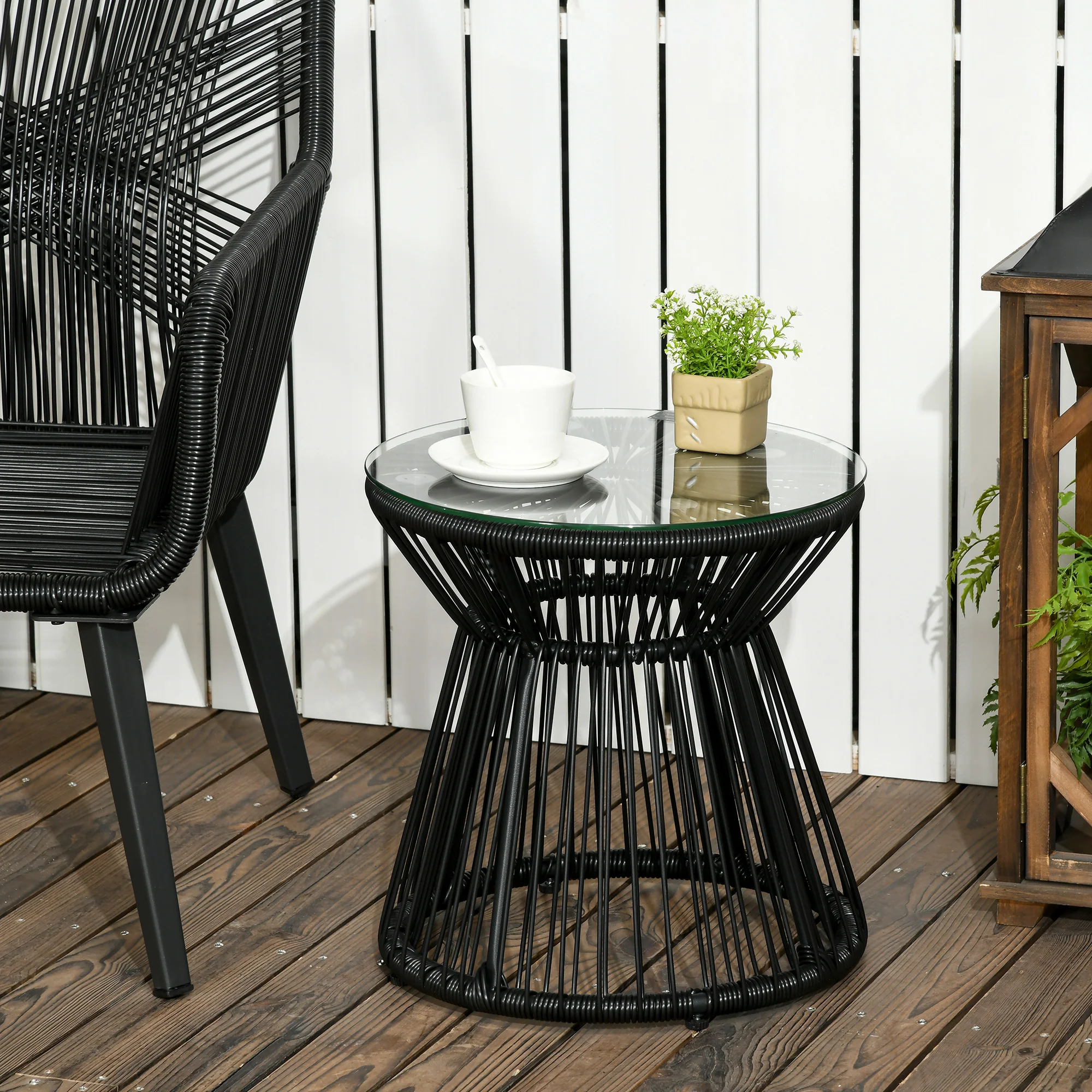 Rattan Round End Table with Hollow Drum Design & Glass Tabletop for Patio, Black - Image 3