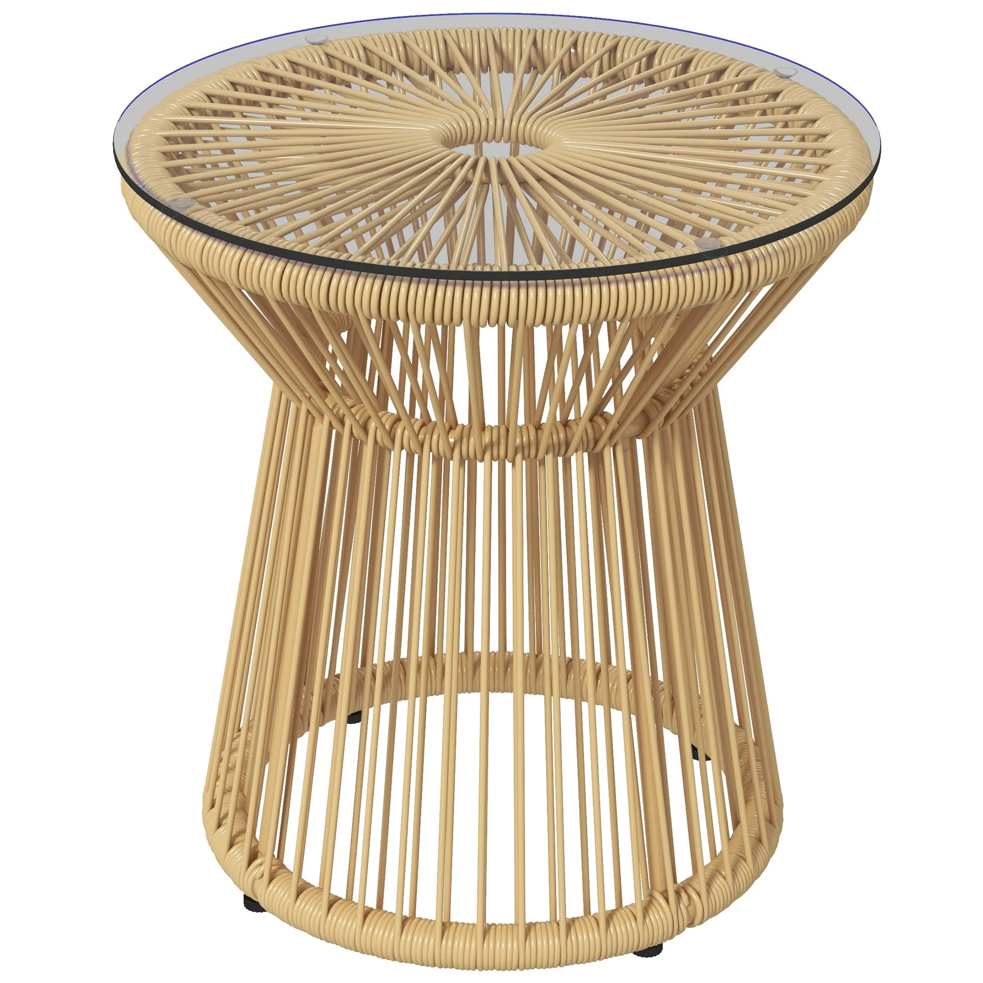 Rattan Round End Table with Hollow Drum Design & Glass Tabletop for Patio, Beige