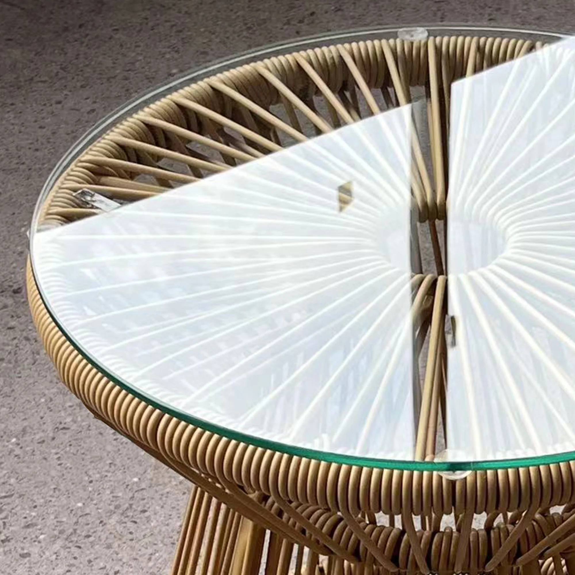 Rattan Round End Table with Hollow Drum Design & Glass Tabletop for Patio, Beige - Image 11