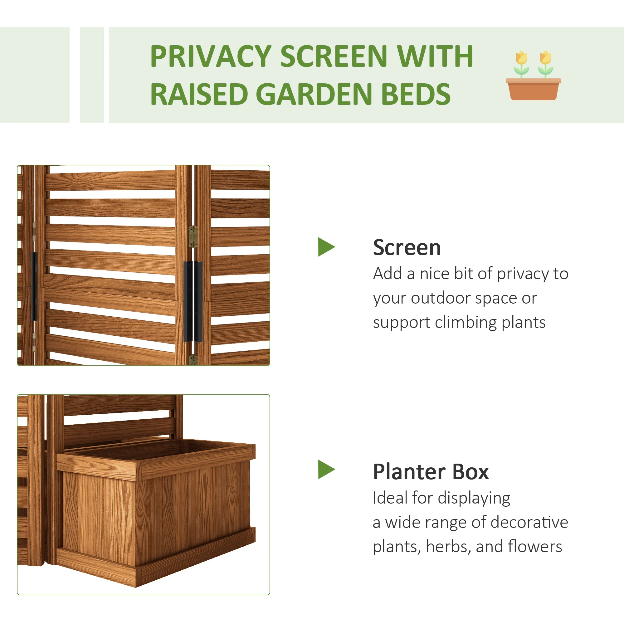 3 Panels Outdoor Privacy Screen Wood Privacy Panel with 4 Self-Draining Planters, Natural - Image 6