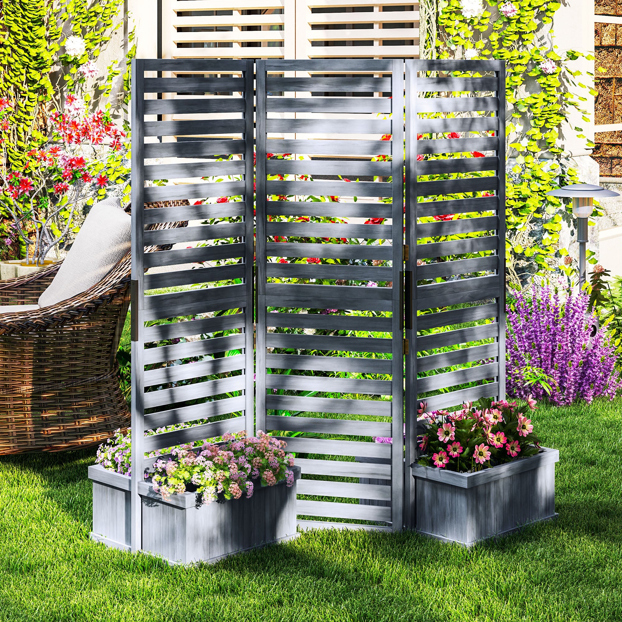 3 Panels Outdoor Privacy Screen Wood Privacy Panel with 4 Self-Draining Planters, Grey - Image 4