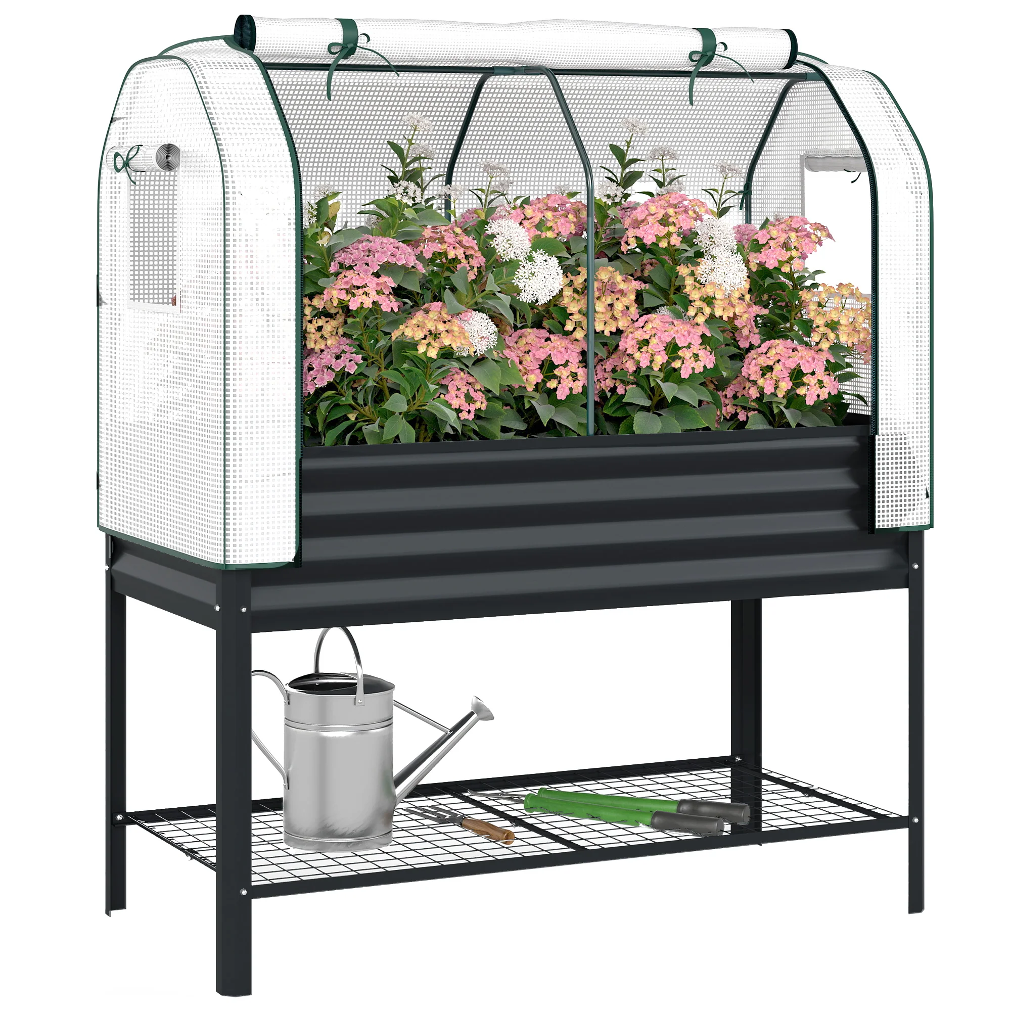 Galvanised Raised Garden Bed with Greenhouse Cover, Metal Elevated Garden Bed with Legs, Bed Liner and Bottom Shelf, Outdoor Raised Planter Box for Vegetables, Herbs, Flowers, Black