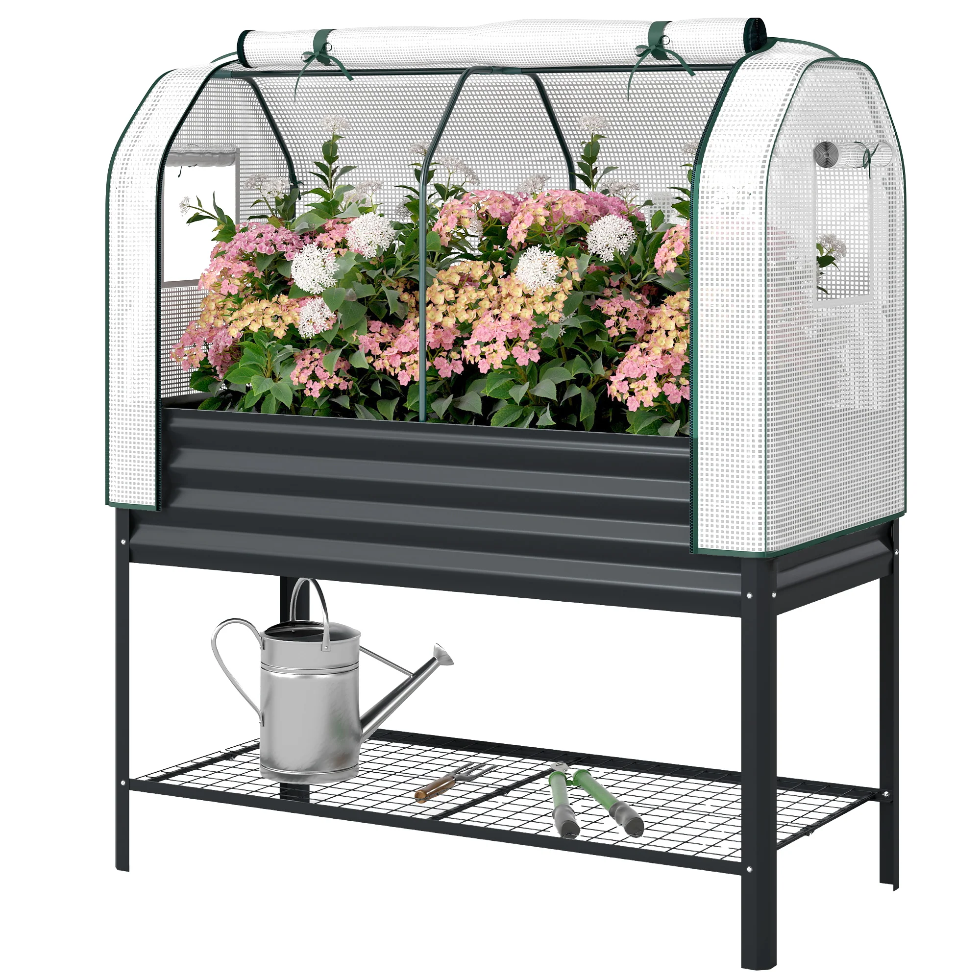 Galvanised Raised Garden Bed with Greenhouse Cover, Metal Elevated Garden Bed with Legs, Bed Liner and Bottom Shelf, Outdoor Raised Planter Box for Vegetables, Herbs, Flowers, Black - Image 2