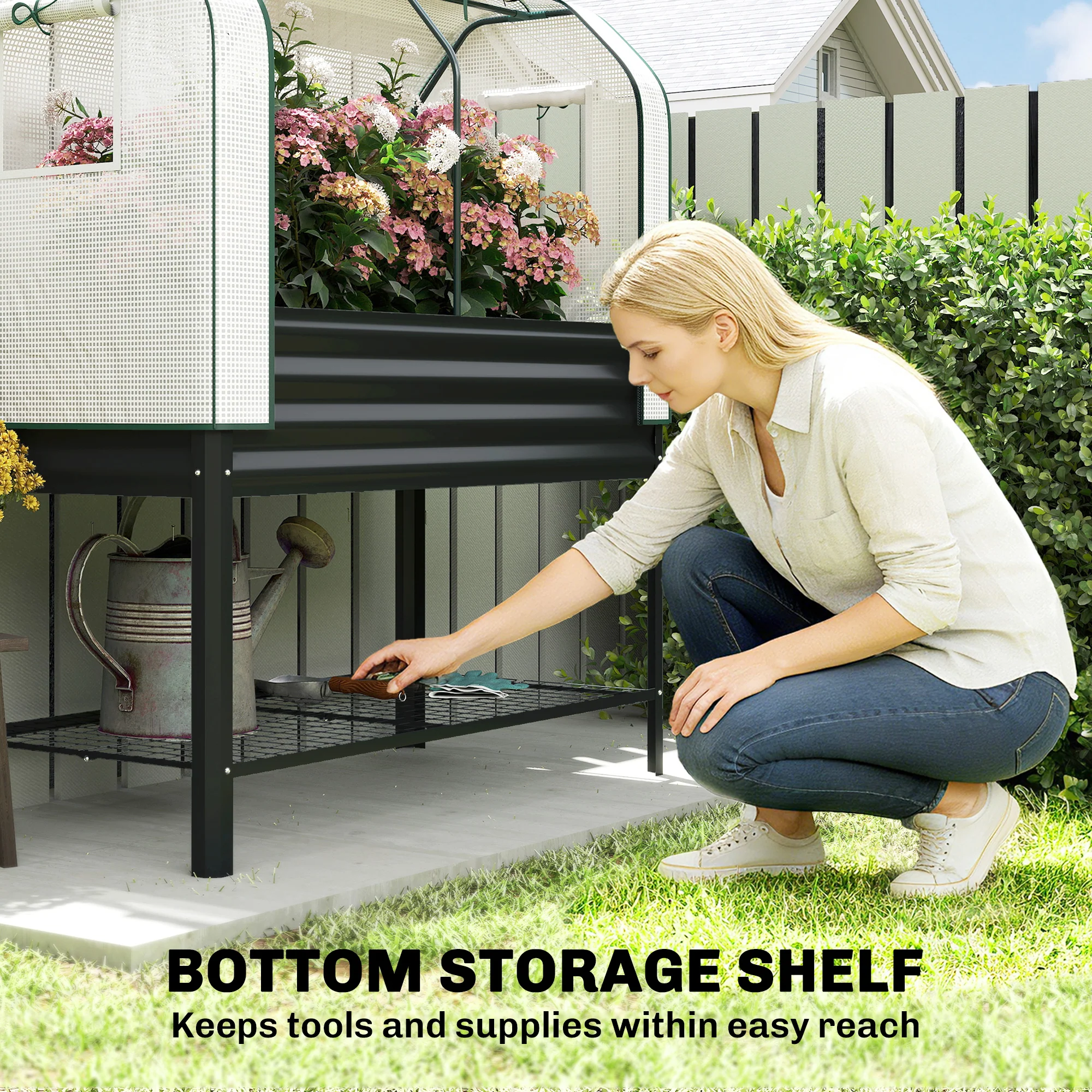Galvanised Raised Garden Bed with Greenhouse Cover, Metal Elevated Garden Bed with Legs, Bed Liner and Bottom Shelf, Outdoor Raised Planter Box for Vegetables, Herbs, Flowers, Black - Image 9