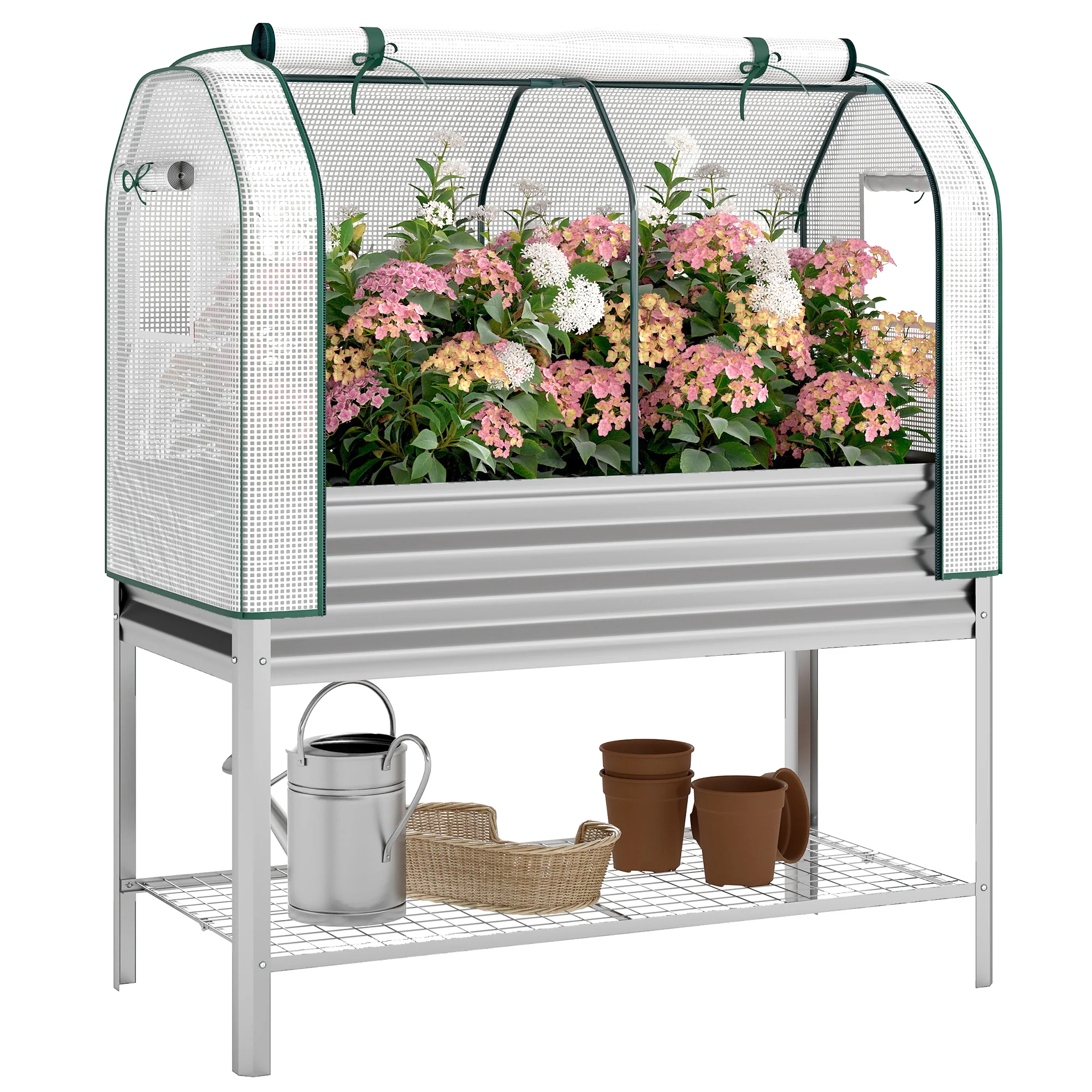 Galvanised Raised Garden Bed with Greenhouse Cover, Metal Elevated Garden Bed with Legs, Bed Liner and Bottom Shelf, Outdoor Raised Planter Box for Vegetables, Herbs, Flowers, Silver