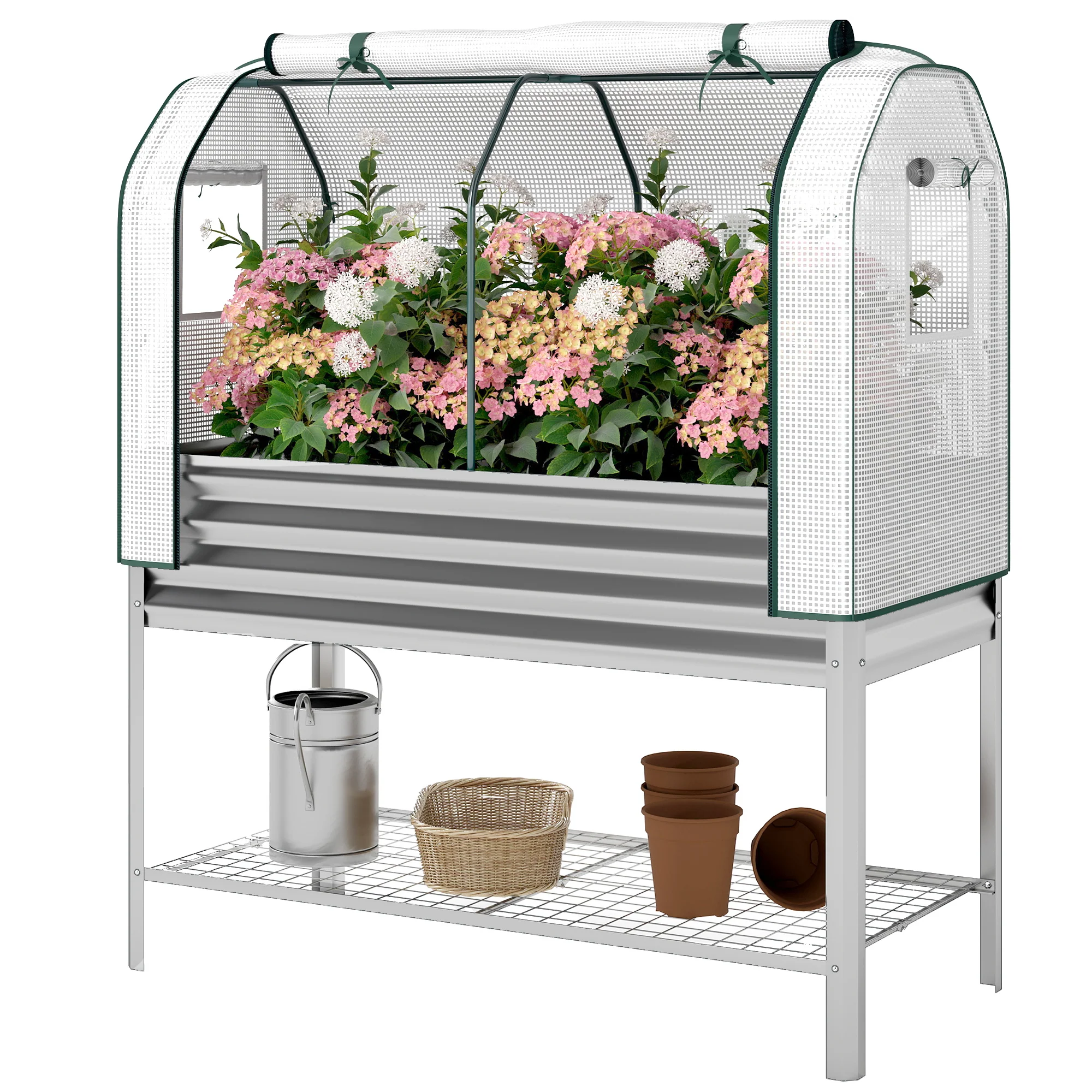 Galvanised Raised Garden Bed with Greenhouse Cover, Metal Elevated Garden Bed with Legs, Bed Liner and Bottom Shelf, Outdoor Raised Planter Box for Vegetables, Herbs, Flowers, Silver - Image 2