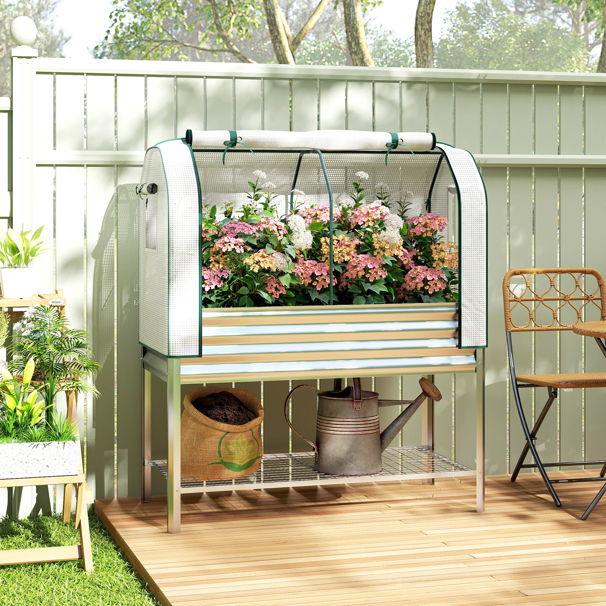 Galvanised Raised Garden Bed with Greenhouse Cover, Metal Elevated Garden Bed with Legs, Bed Liner and Bottom Shelf, Outdoor Raised Planter Box for Vegetables, Herbs, Flowers, Silver - Image 3
