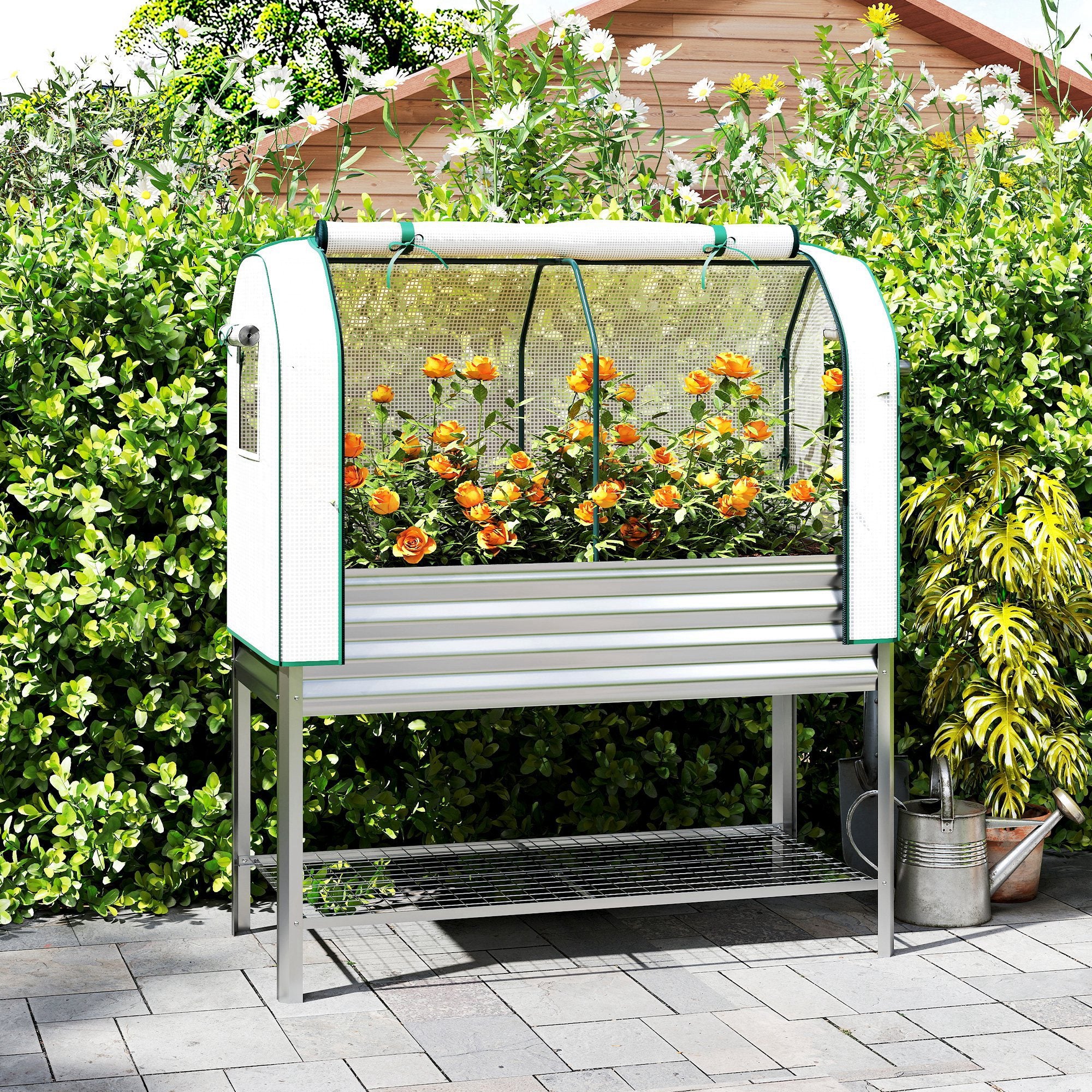 Galvanised Raised Garden Bed with Greenhouse Cover, Metal Elevated Garden Bed with Legs, Bed Liner and Bottom Shelf, Outdoor Raised Planter Box for Vegetables, Herbs, Flowers, Silver - Image 4