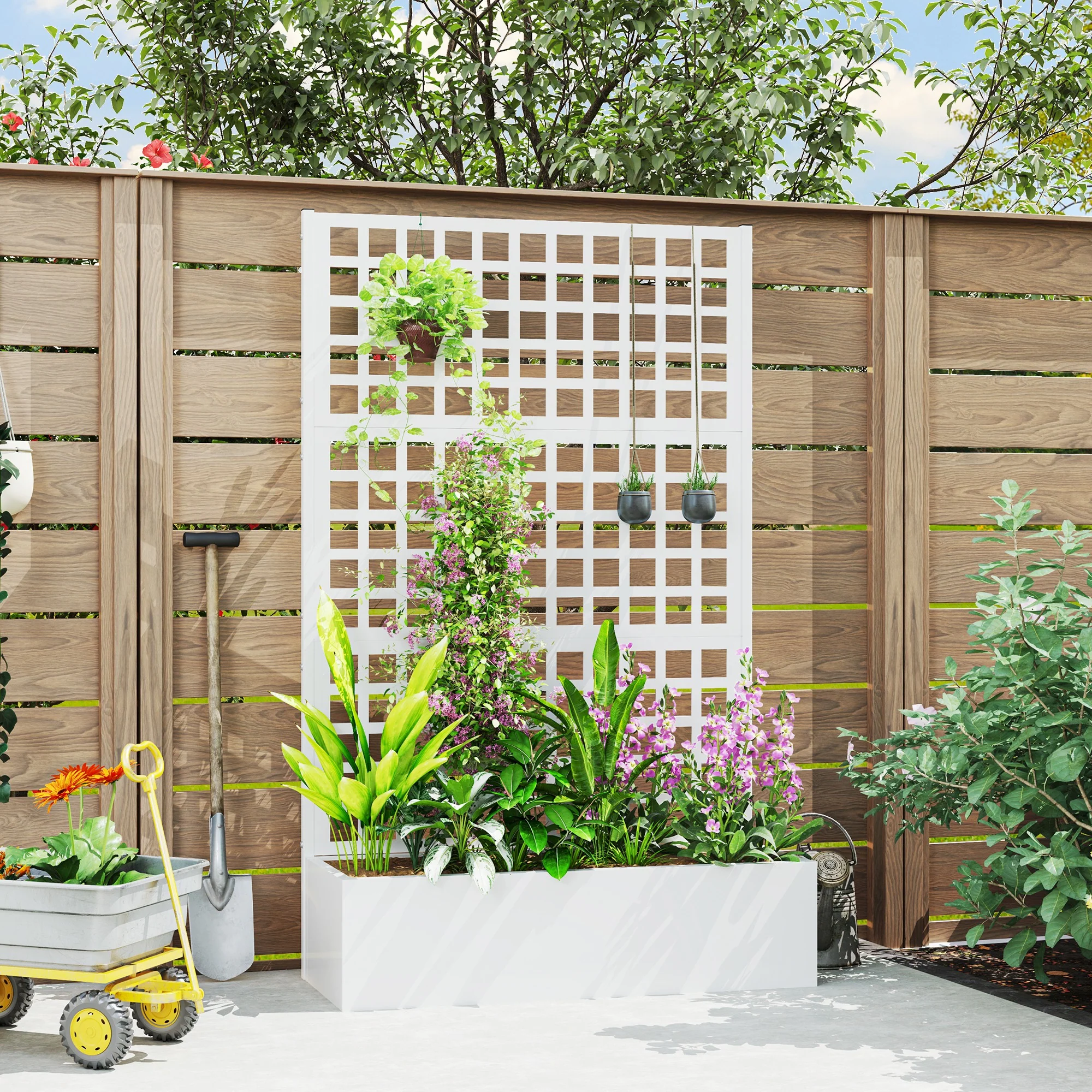 Galvanized Raised Garden Bed Planter Box with Trellis for Climbing Plants, Vegetable, Vines, 43" x 16" x 70", White - Image 3