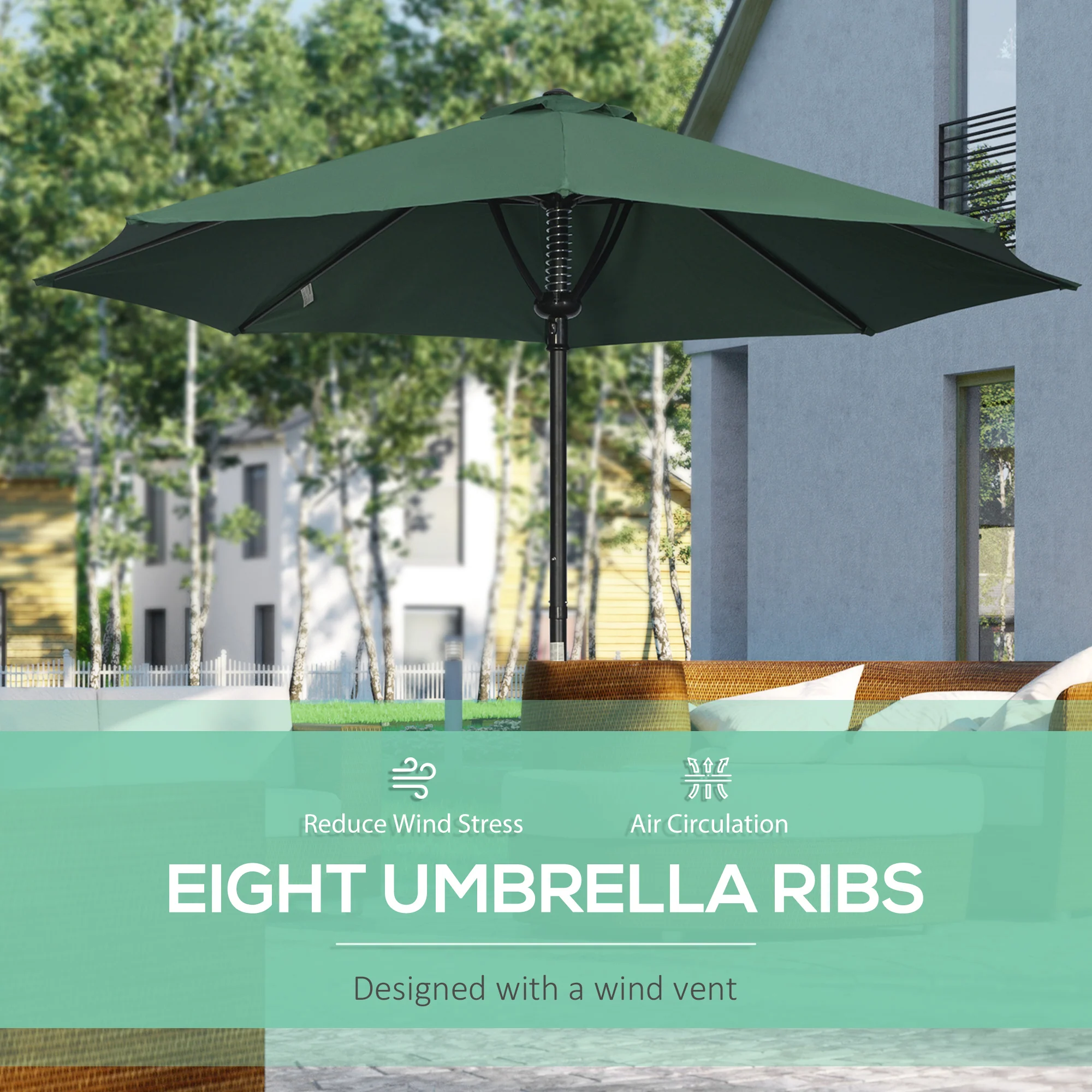 3m Garden Parasol, Outdoor Market Table Umbrella with 8 Ribs, Easy Push to Open, Green - Image 6
