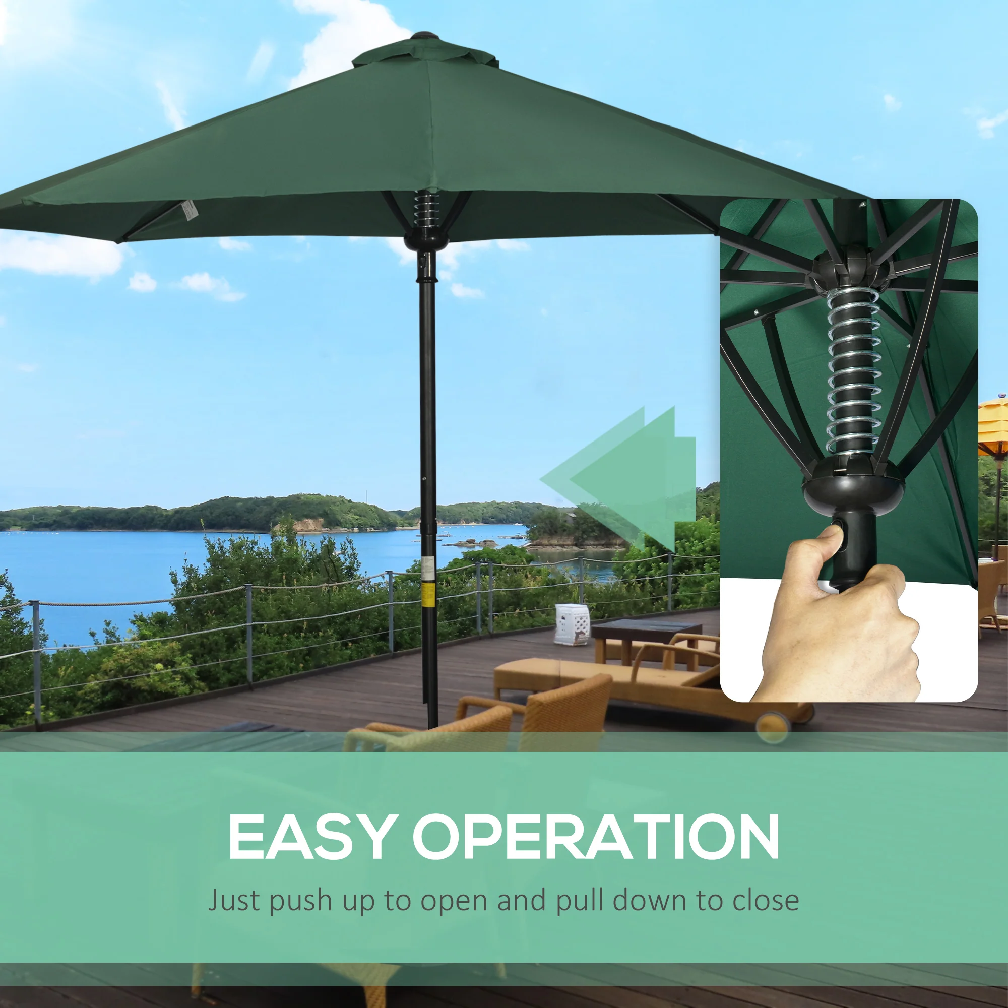 3m Garden Parasol, Outdoor Market Table Umbrella with 8 Ribs, Easy Push to Open, Green - Image 7