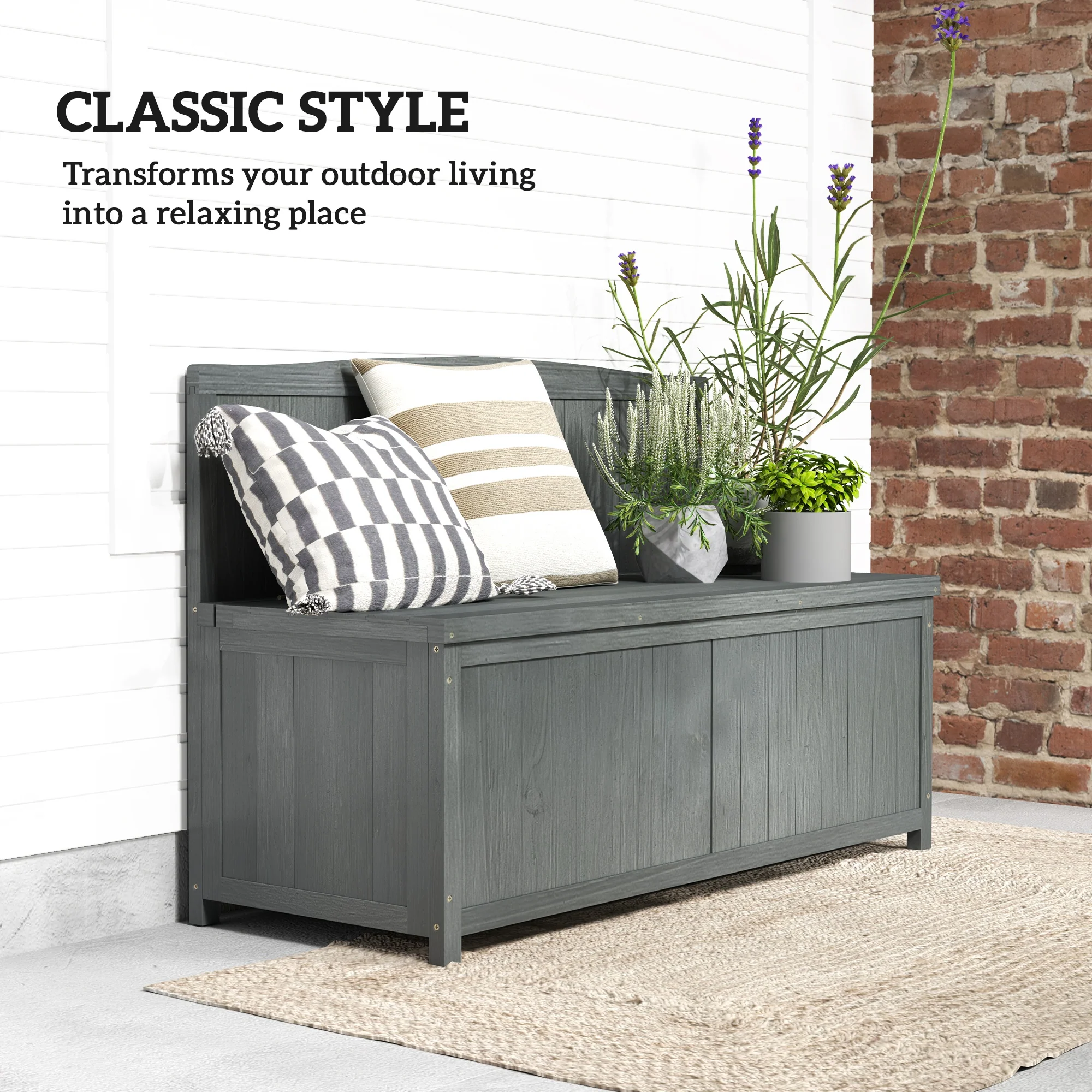 Garden Arch Wooden Bench with Storage Box & Backrest, 115L x 45W x 75Hcm, Grey - Image 9
