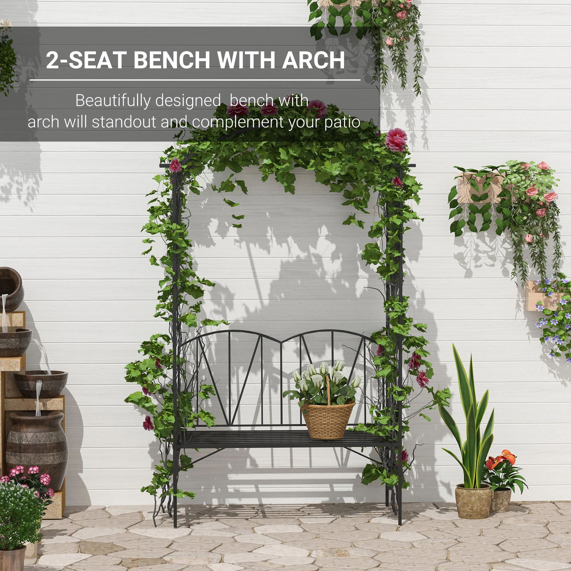 Garden Bench, 2 Seater Outdoor Patio Bench, Metal Garden Loveseat with Arch for Vines and Climbing Plants for Outdoor Space, Black - Image 6