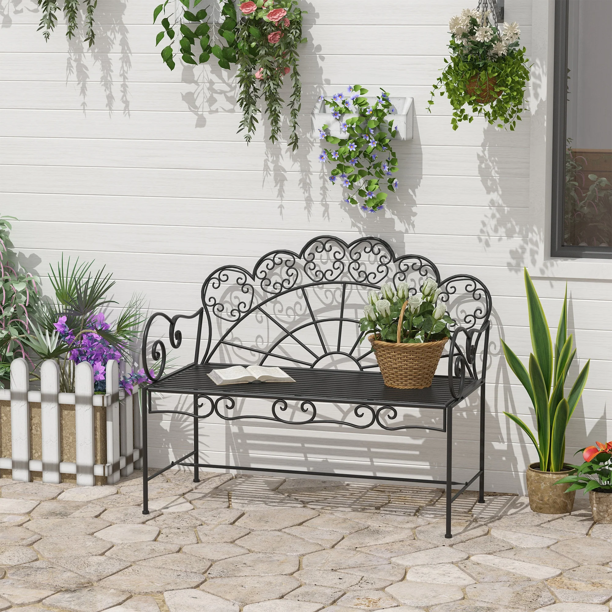 Garden Bench, 2 Seater Outdoor Patio Bench, Metal Garden Loveseat with Slatted Seat, 200 KG Capacity for Park Balcony Porch, 107 x 55.5 x 92 cm, Black - Image 3