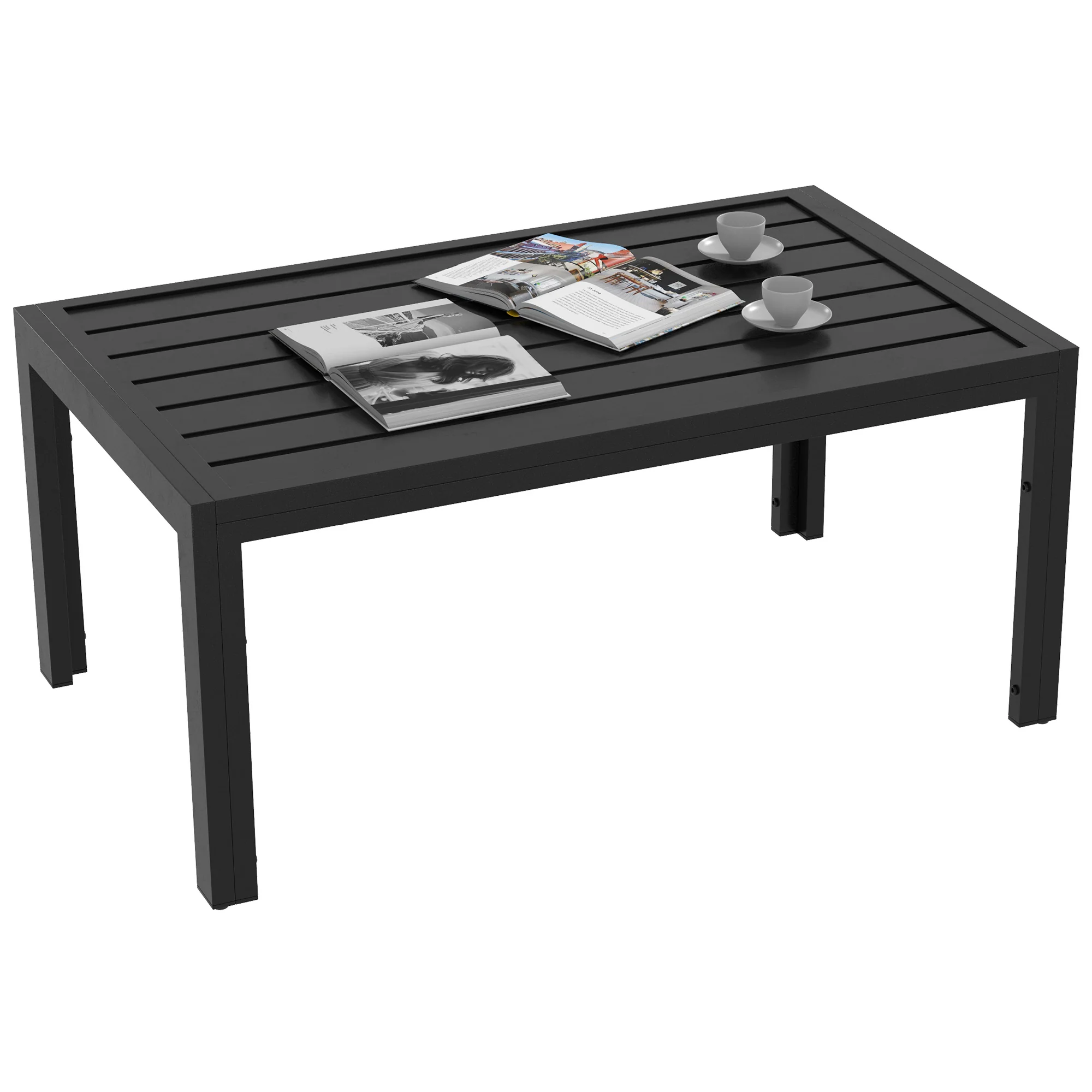 Rectangular Patio Side Table with Steel Frame and Slat Tabletop, 101.5 x 61cm, Black