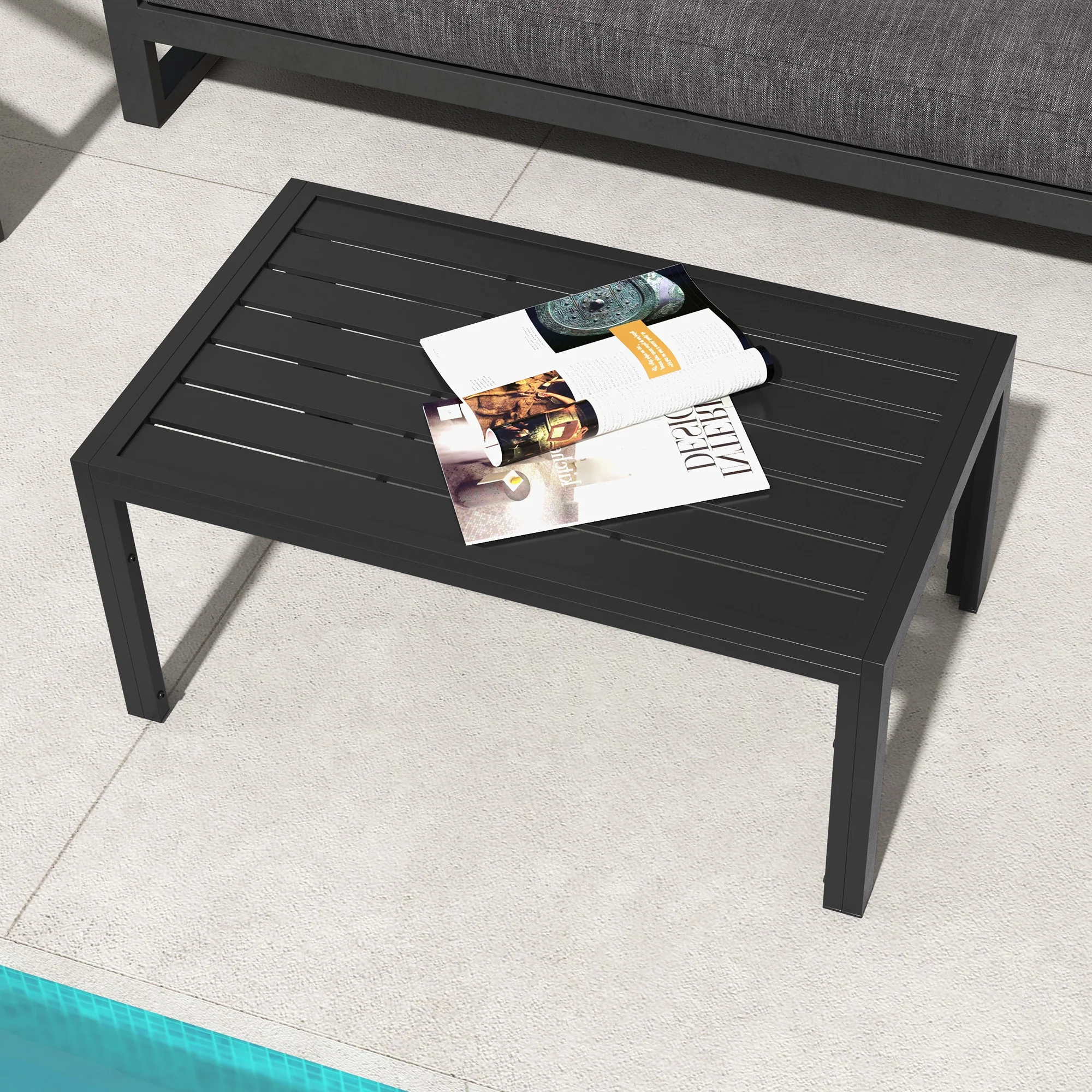Rectangular Patio Side Table with Steel Frame and Slat Tabletop, 101.5 x 61cm, Black - Image 9