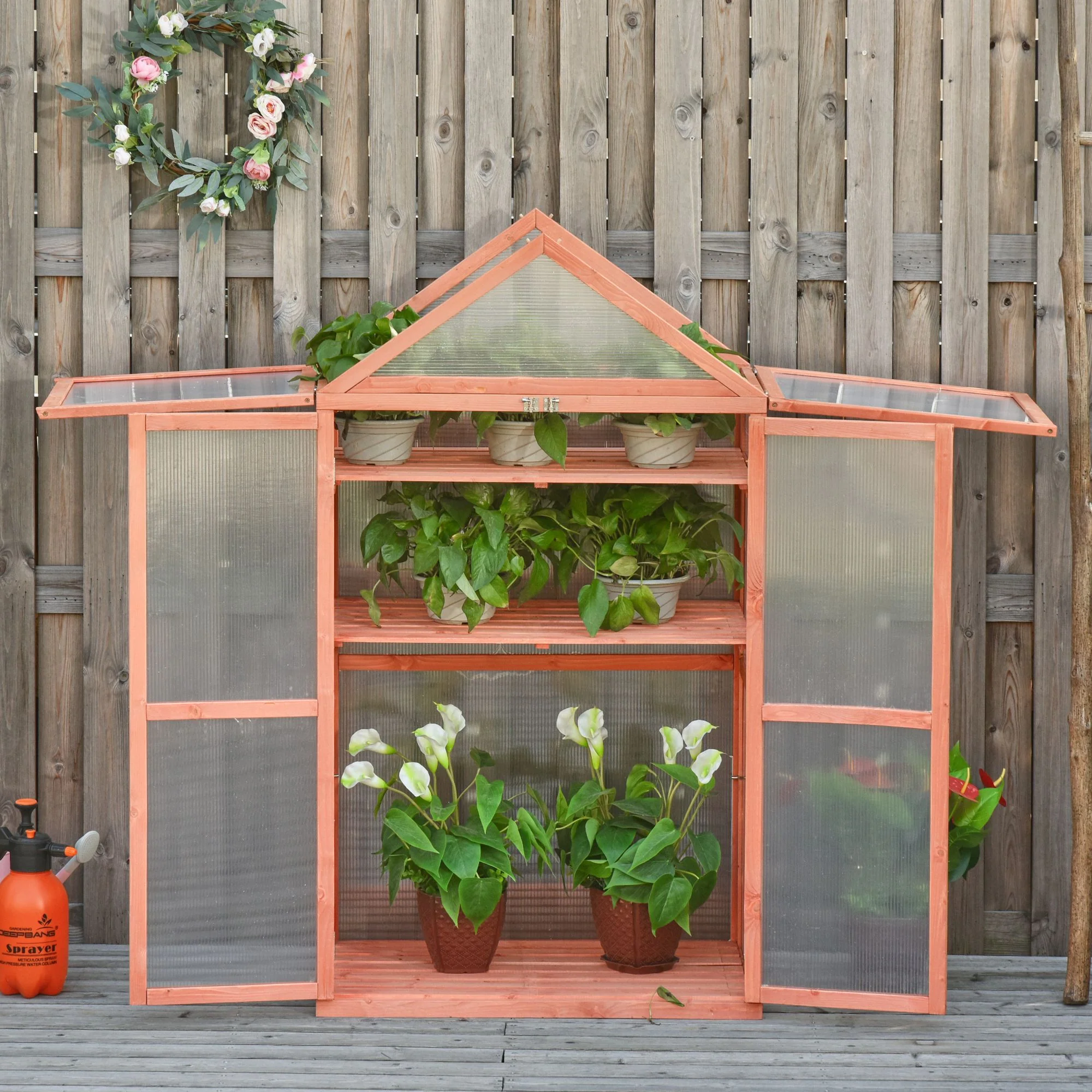 Garden Cold Frame Greenhouse with Adjustable Shelf, Double Doors & Openable Top, Orange - Image 3