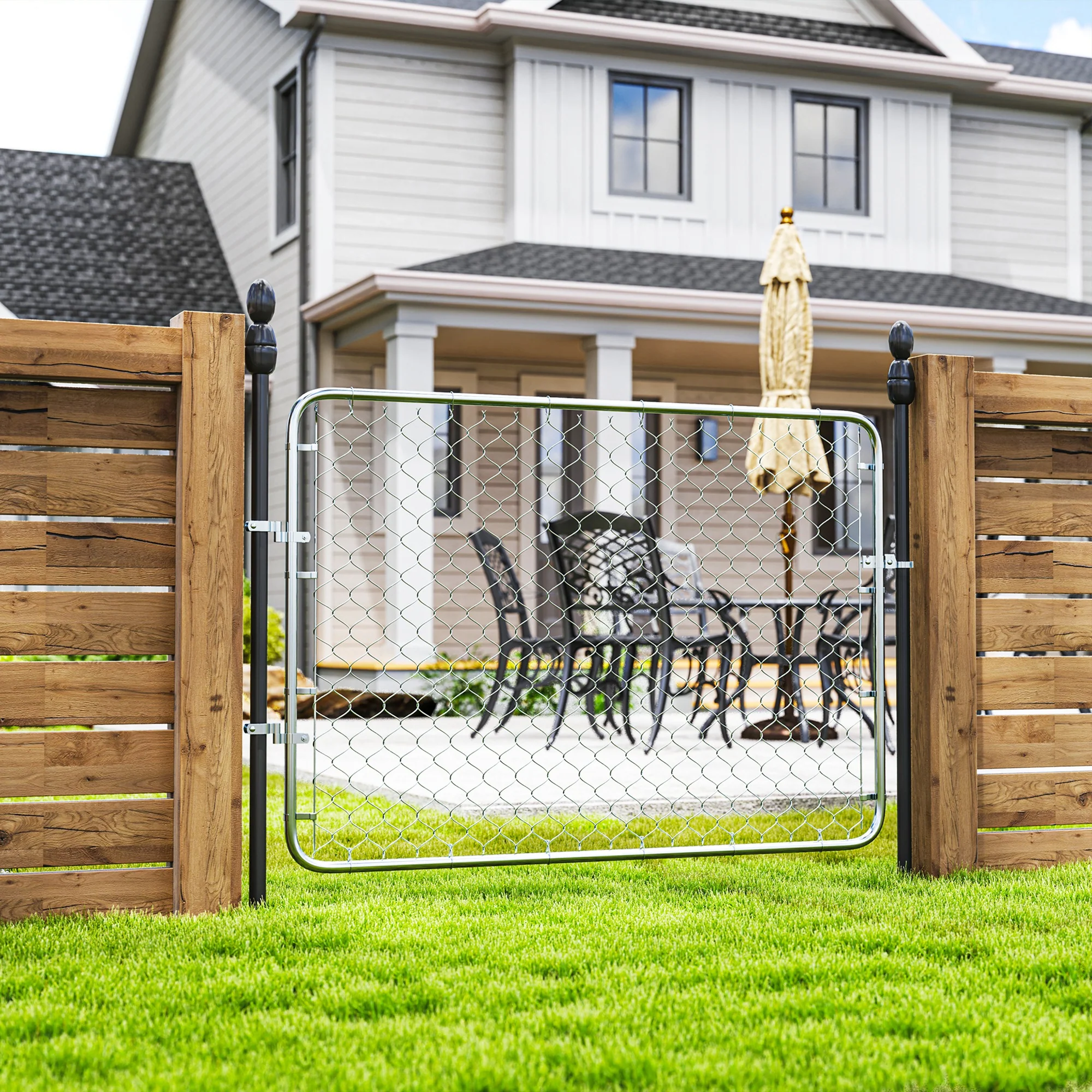 Garden Gate Chain Link Fence Gate, Galvanized Steel Garden Door for Yard Entrance Way, 26-71 in. W x 4 ft. H, Silver - Image 4
