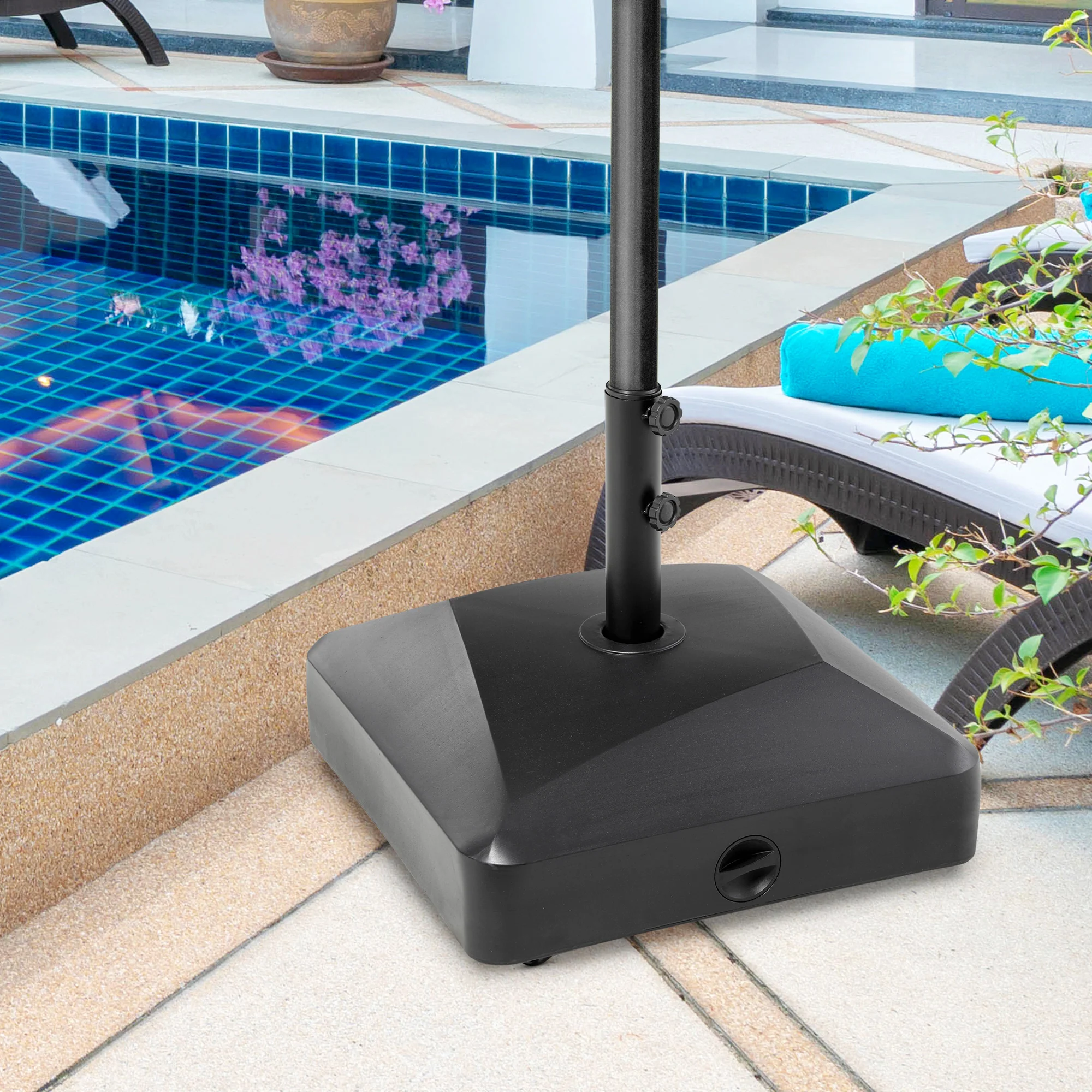 Garden Parasol Base Holder with Wheels & Brakes, 43kg Water or 60kg Sand Filled, Black - Image 3