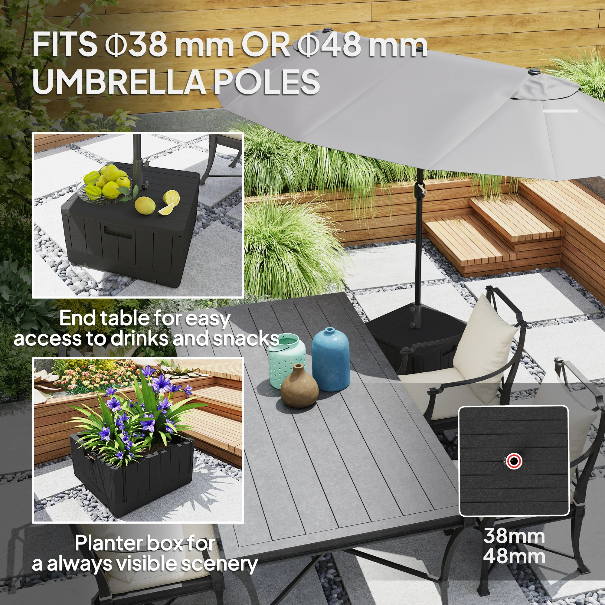 Garden Parasol Base for 38, 48 mm Poles, 80kg Sand or 50kg Water Can Be Filled, Black - Image 6