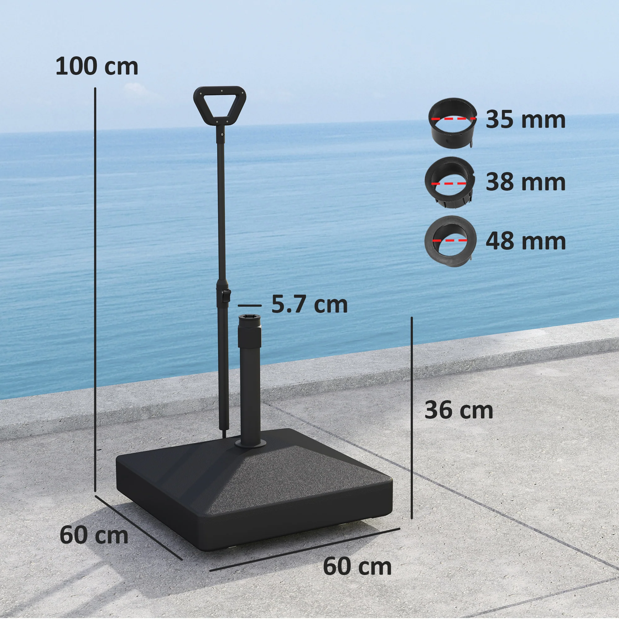 Fillable Parasol Base w/ Wheels and Adjustable Handle for 35, 38, 48 mm Poles, Black - Image 5