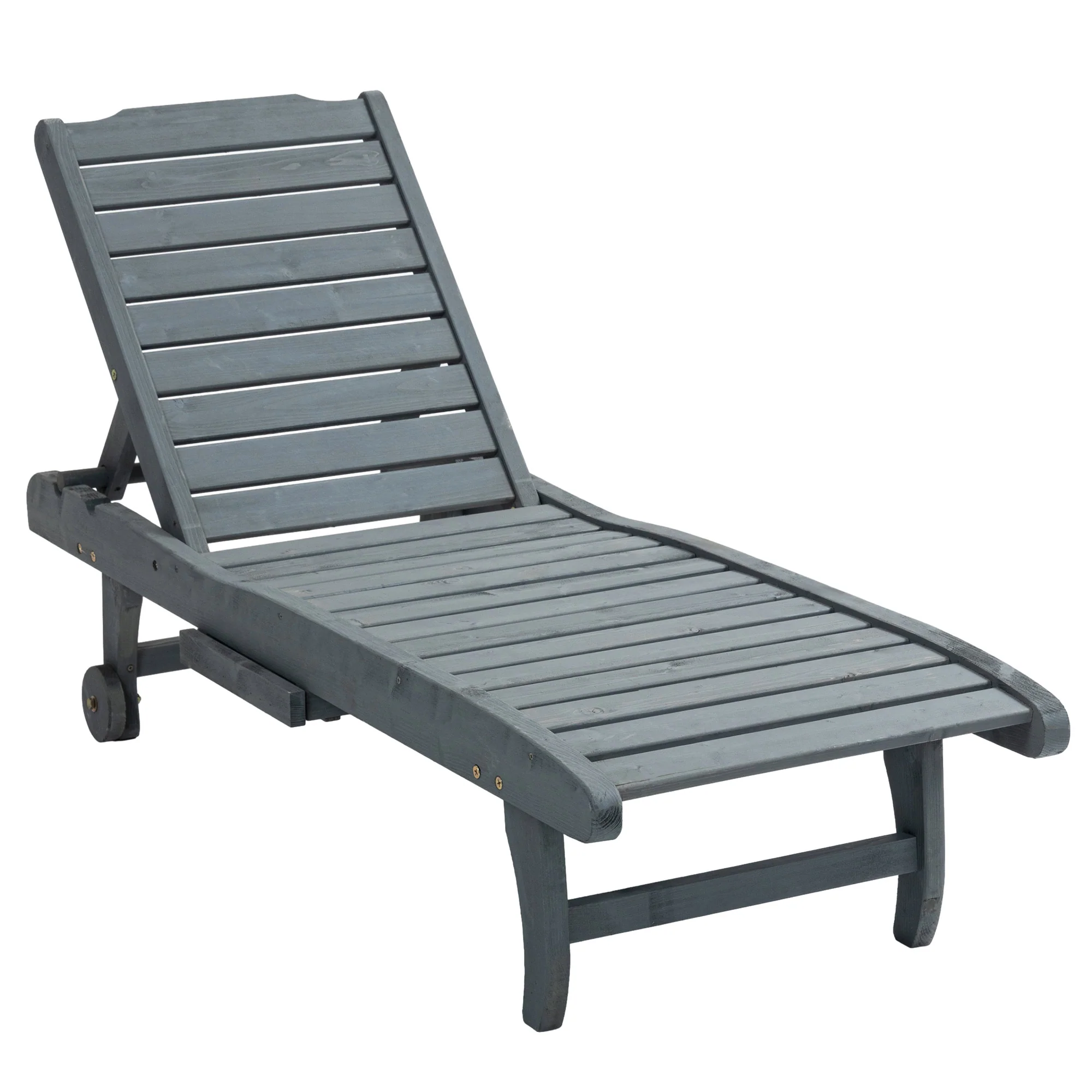 Wooden Garden Sun Lounger with Built-In Table, Reclining Backrest & Rolling Wheels, Grey - Image 12