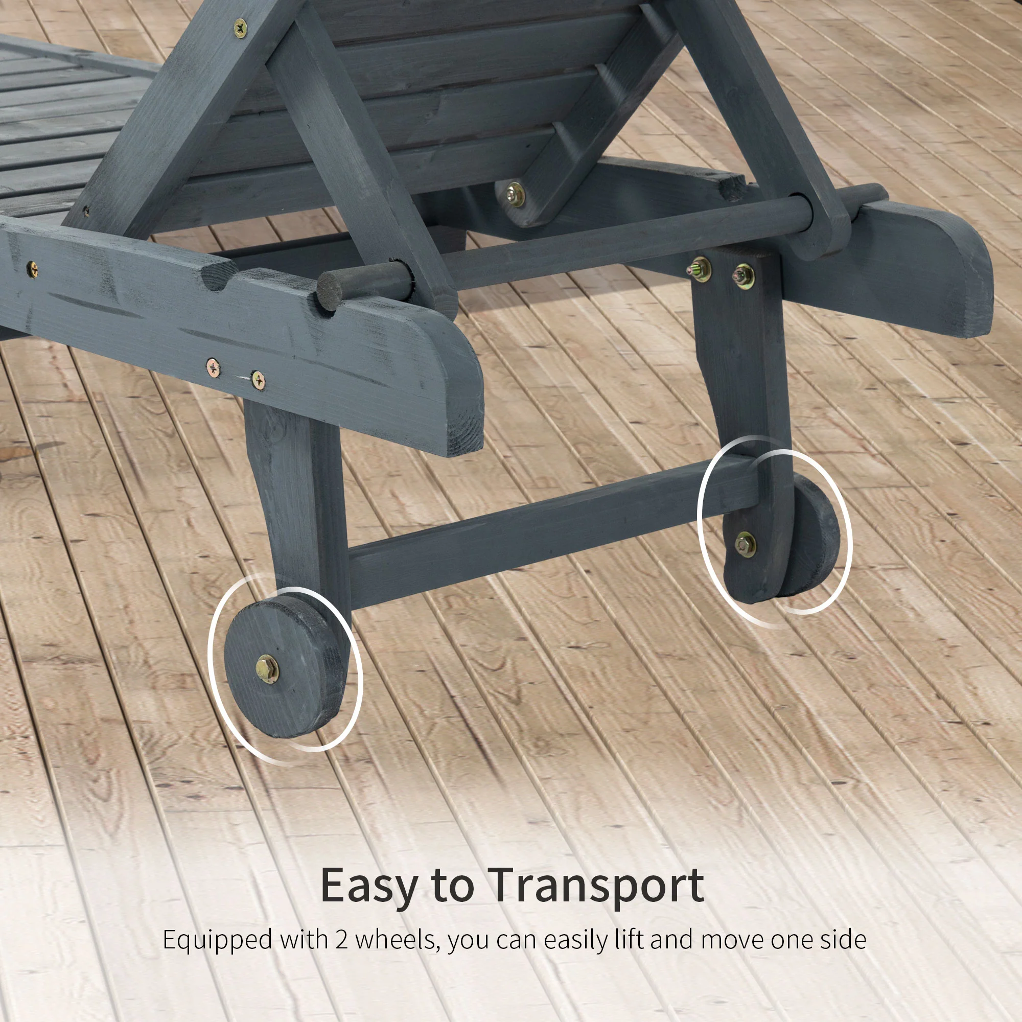 Wooden Garden Sun Lounger with Built-In Table, Reclining Backrest & Rolling Wheels, Grey - Image 8