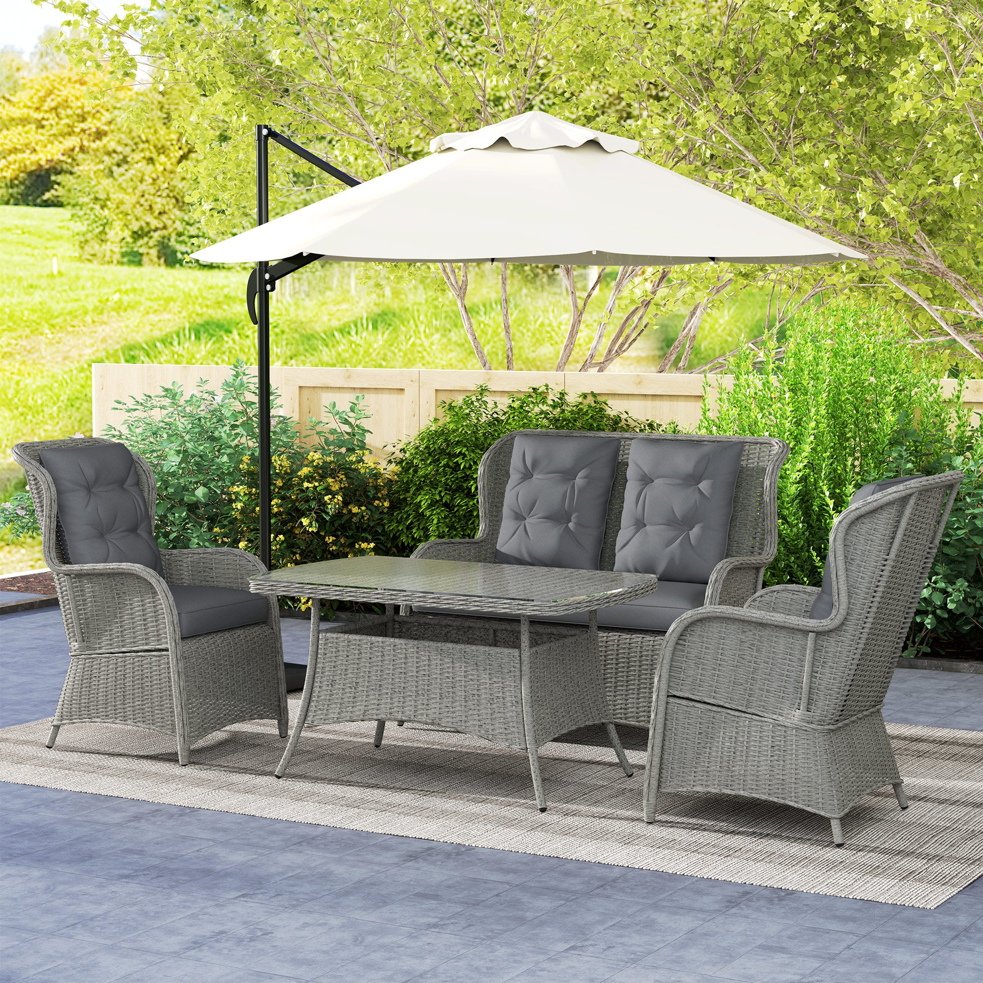 4 Seater Garden Rattan Dining Sofa Set with Cushions & Glass Coffee Table, Light Grey - Image 3