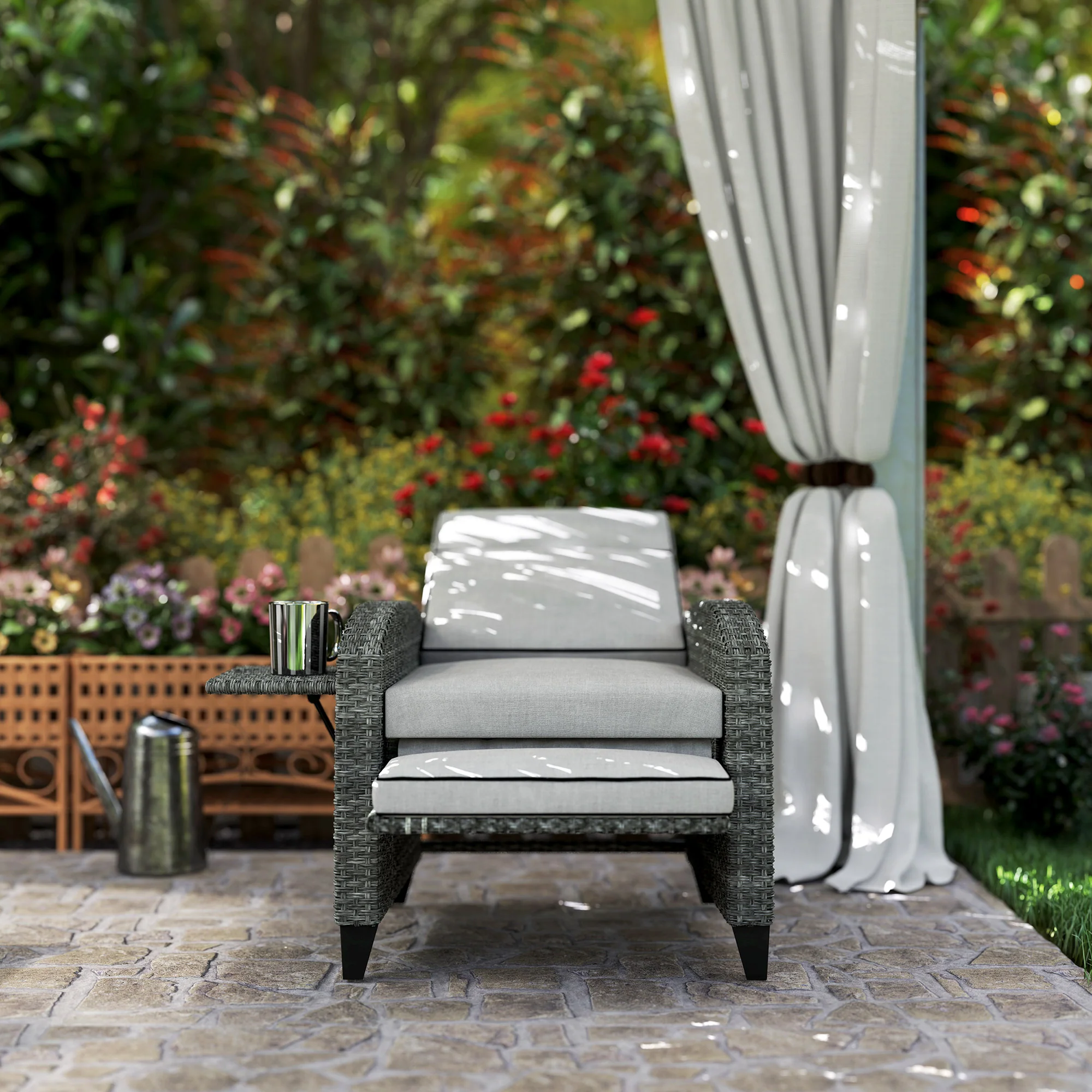 Rattan Recliner Chair with Adjustable Backrest & Footrest for Balcony, Patio, Light Grey - Image 11