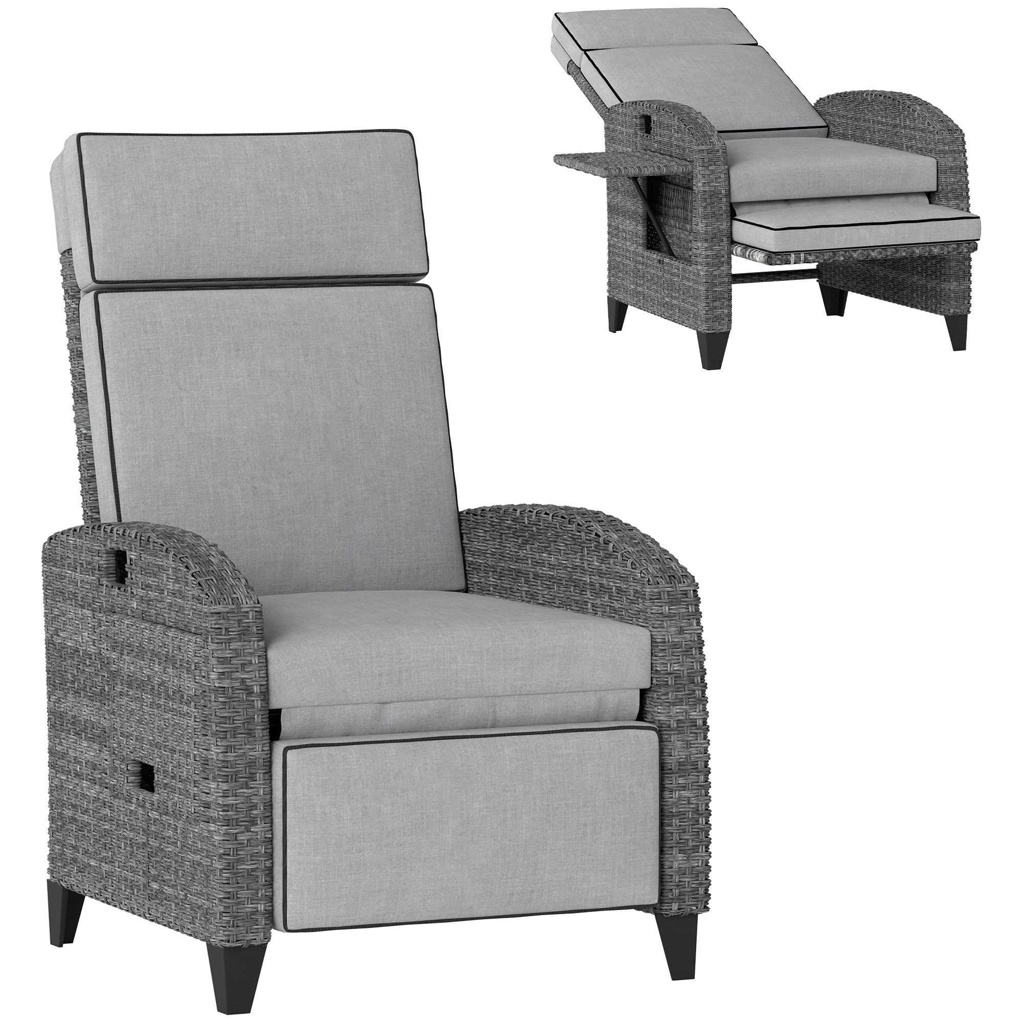 Rattan Recliner Chair with Adjustable Backrest & Footrest for Balcony, Patio, Light Grey - Image 12