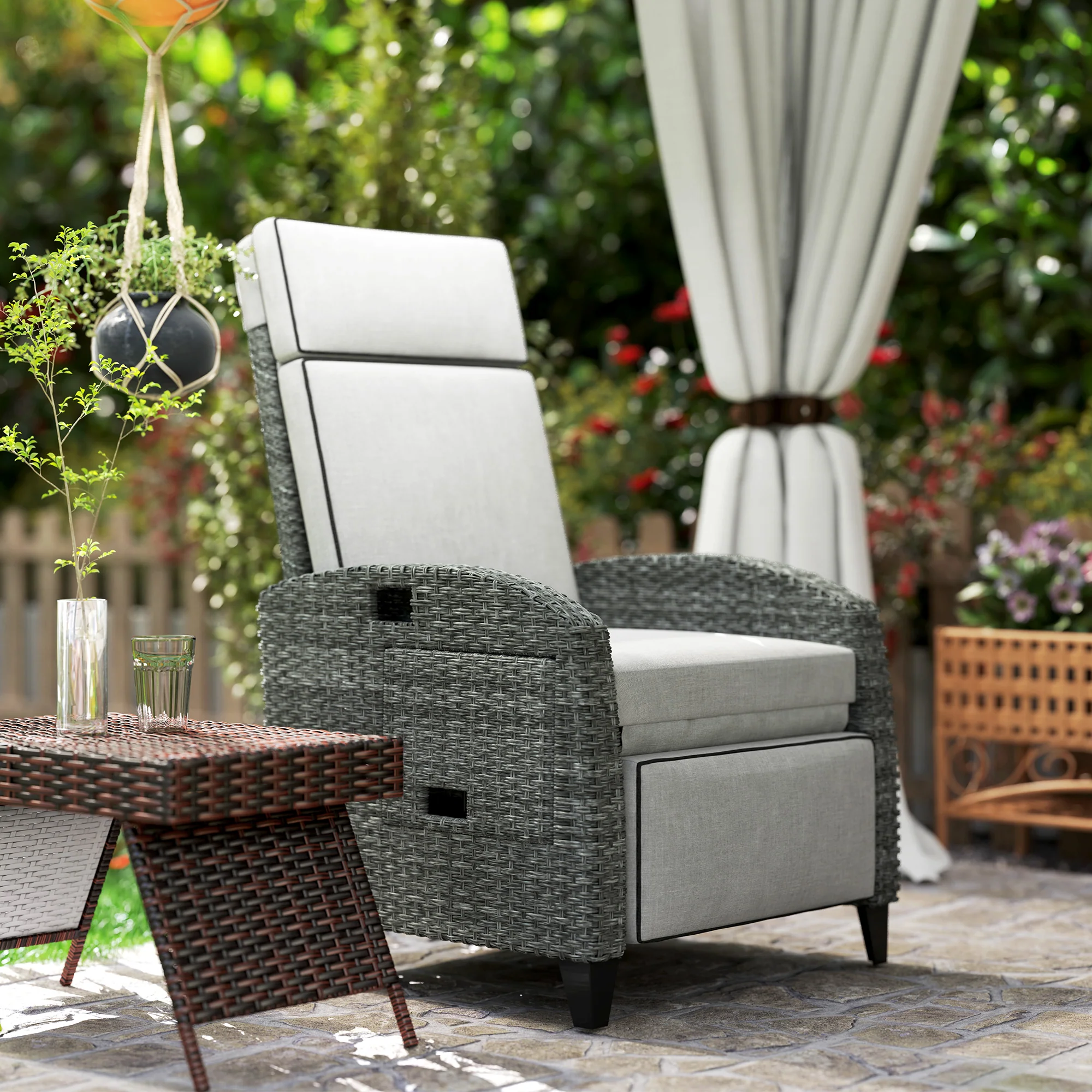 Rattan Recliner Chair with Adjustable Backrest & Footrest for Balcony, Patio, Light Grey - Image 4