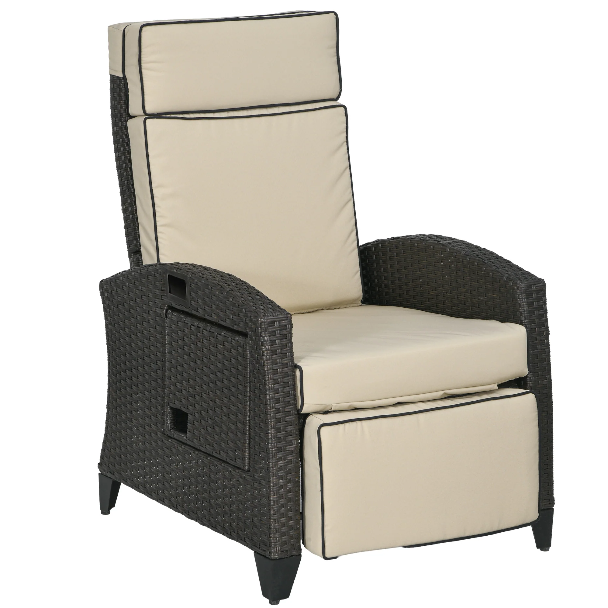 Rattan Recliner Chair with Adjustable Backrest & Footrest for Balcony, Patio, Khaki - Image 2