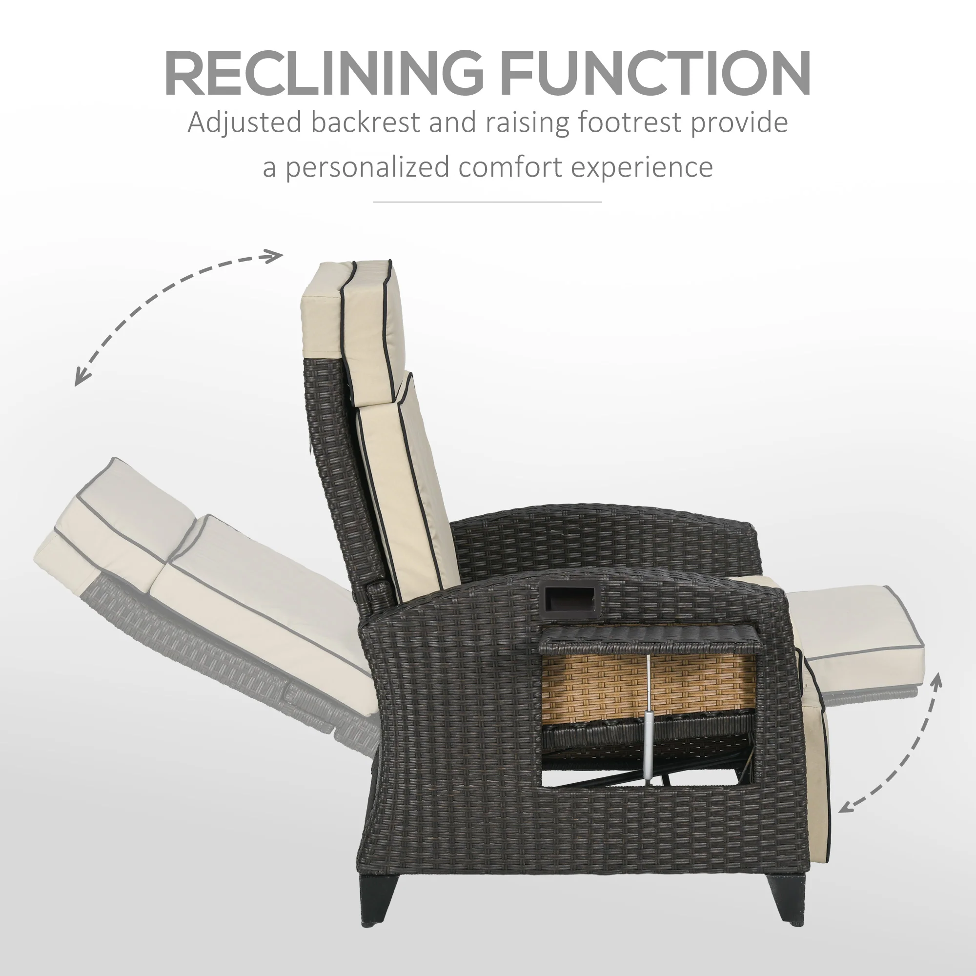 Rattan Recliner Chair with Adjustable Backrest & Footrest for Balcony, Patio, Khaki - Image 6