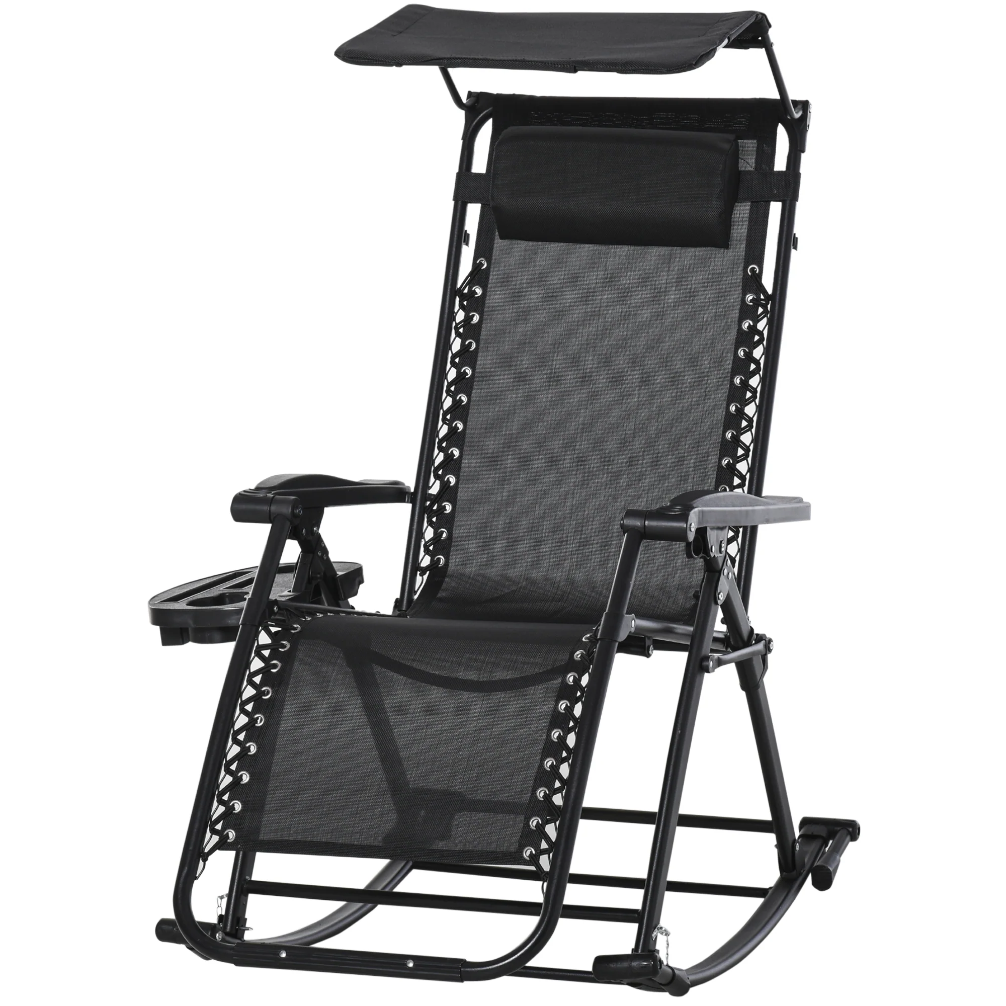 Outdoor Rocking Lounge Chair with Adjustable Backrest Zero-Gravity Seat, Side Holder, Black - Image 2