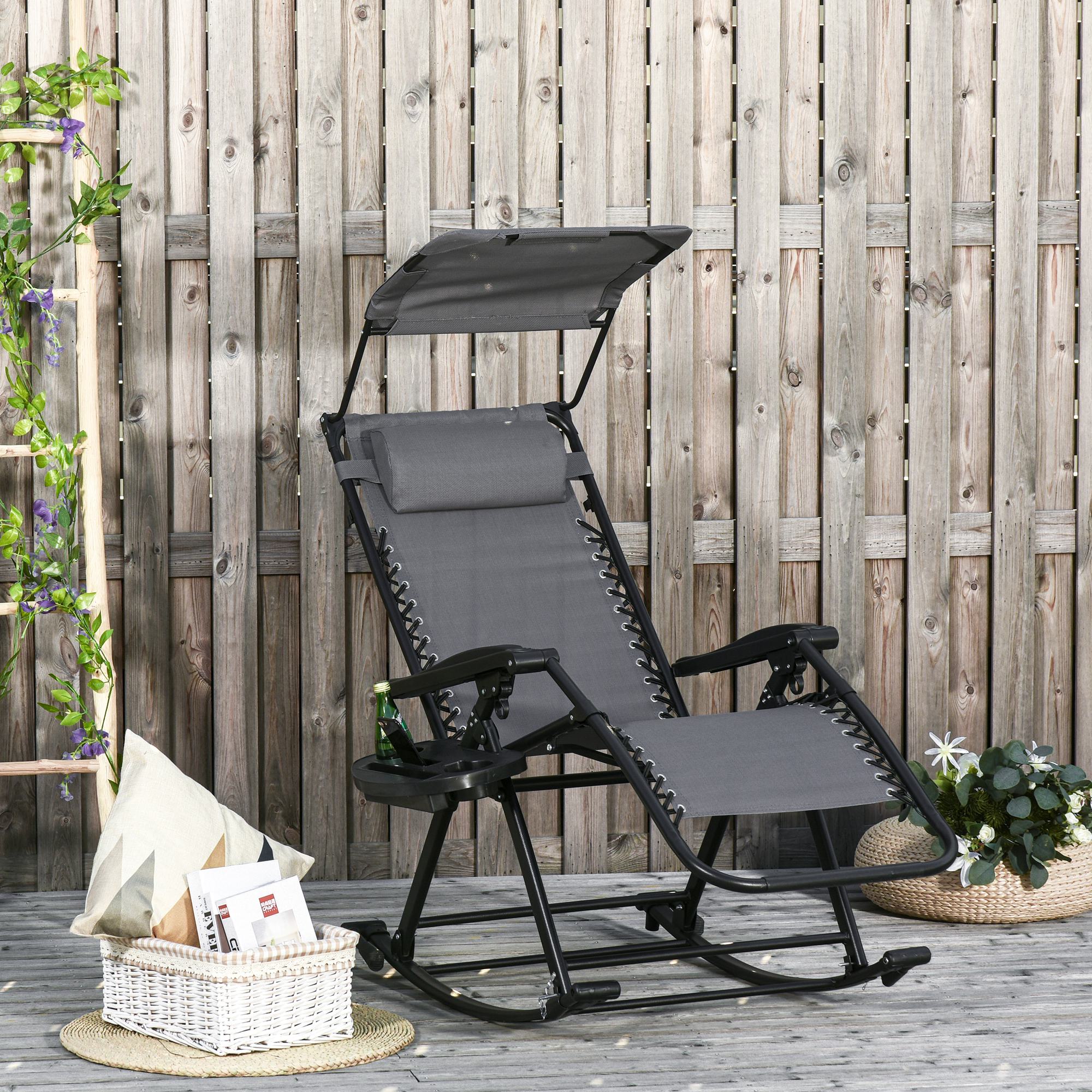 Outdoor Rocking Lounge Chair with Adjustable Backrest Zero-Gravity Seat, Side Holder, Grey - Image 4