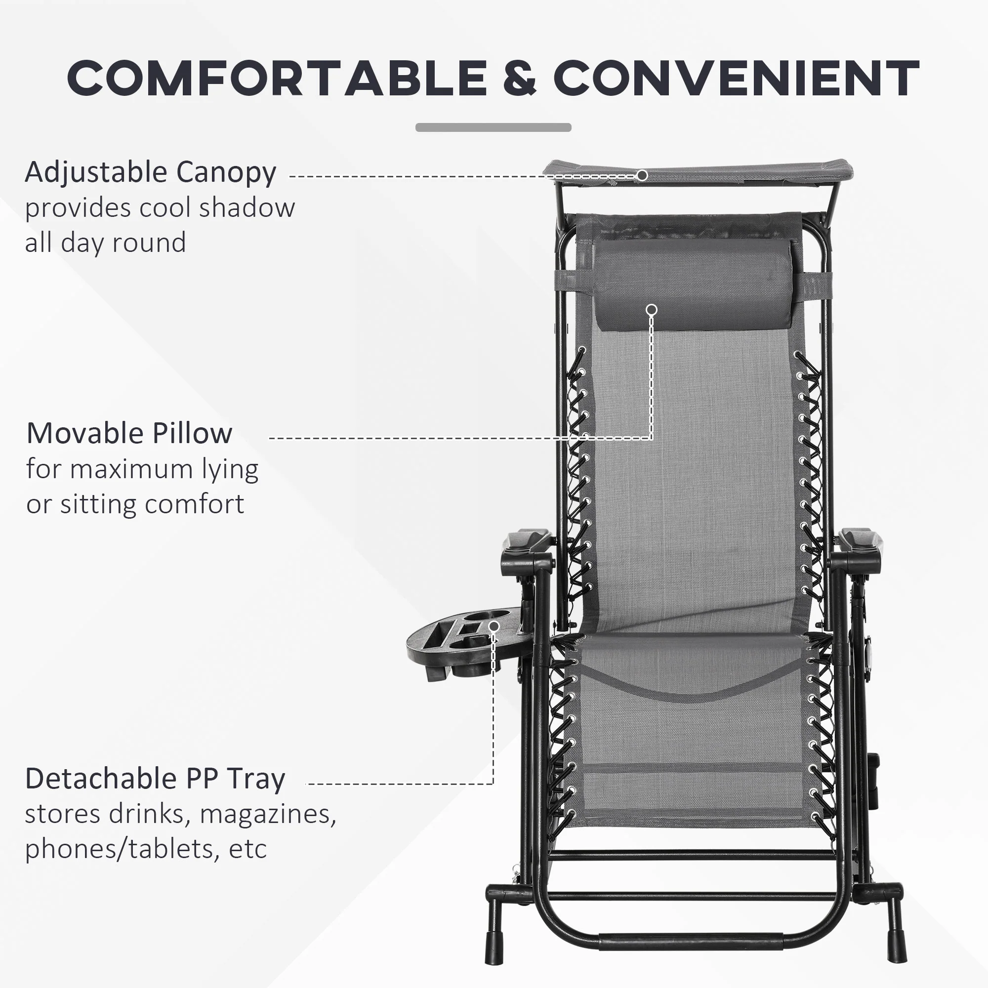 Outdoor Rocking Lounge Chair with Adjustable Backrest Zero-Gravity Seat, Side Holder, Grey - Image 7
