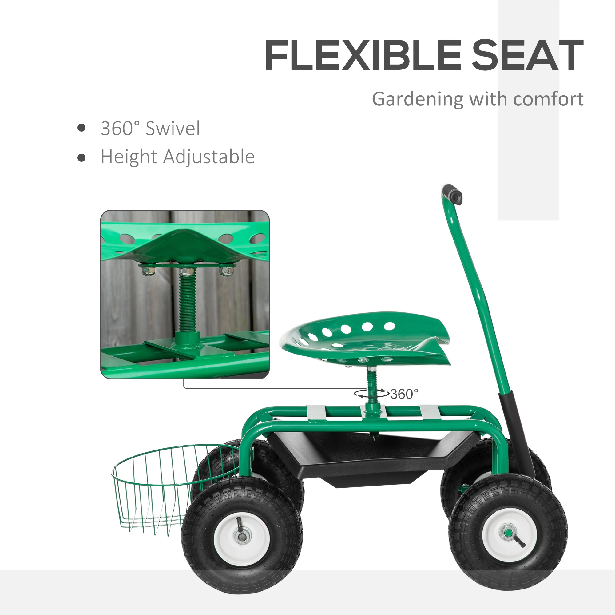 Garden Rolling Cart with Swivel and Adjustable Seat, Tool Tray, Bucket Basket, Green - Image 6