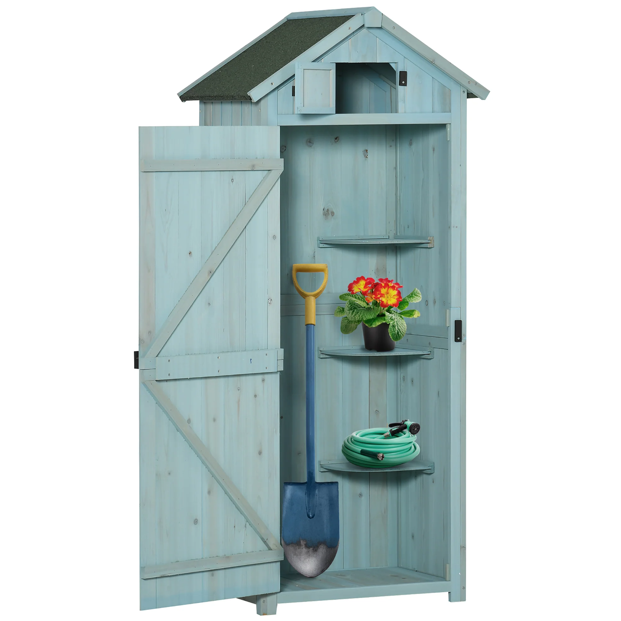 Wooden Storage Cabinet, Outdoor Small Shed w/ Shelves, Tilt Roof & Lockable Double Doors, Blue