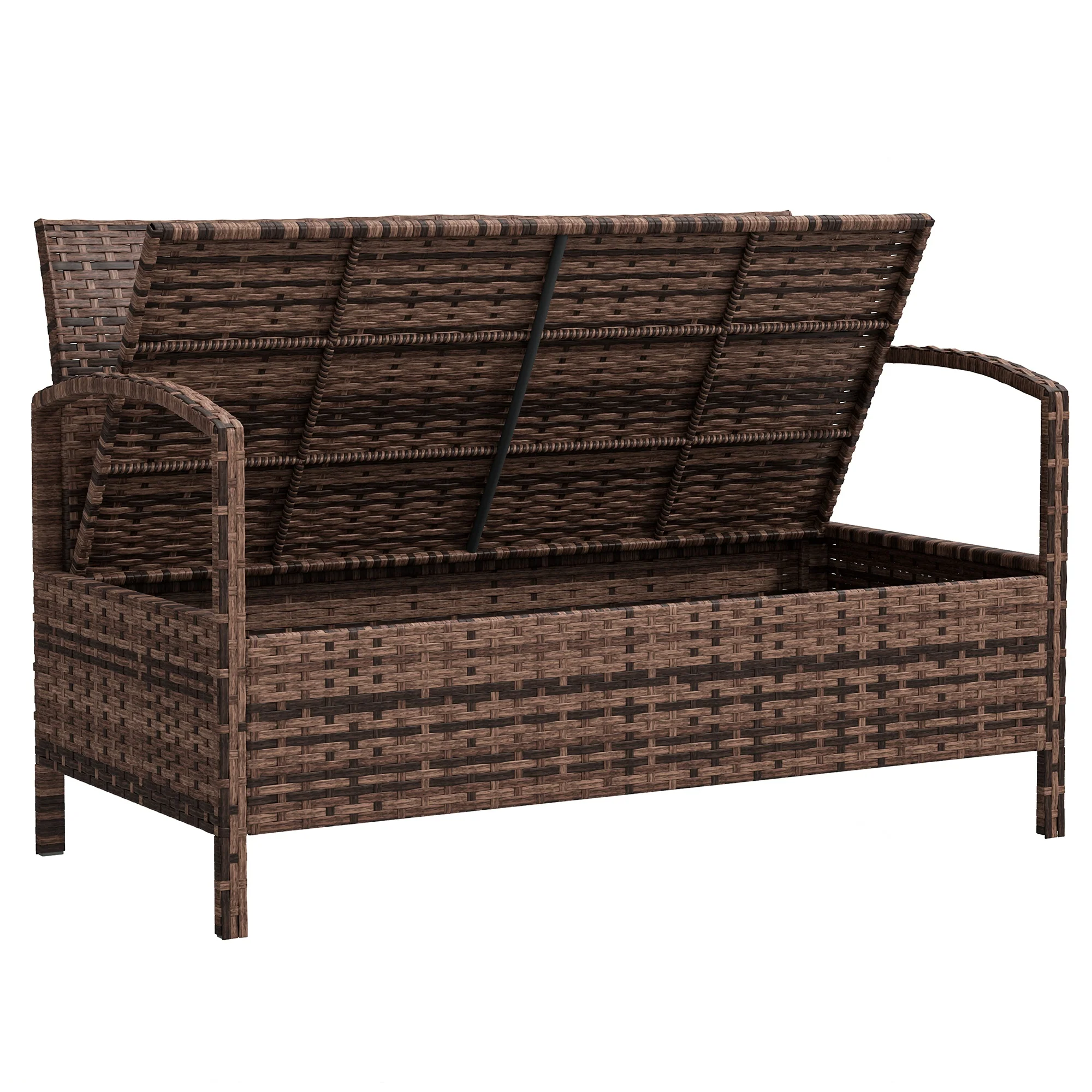 Rattan Garden Bench Loveseat with 125L Capacity Storage & Cushion, for Patio, Brown - Image 2