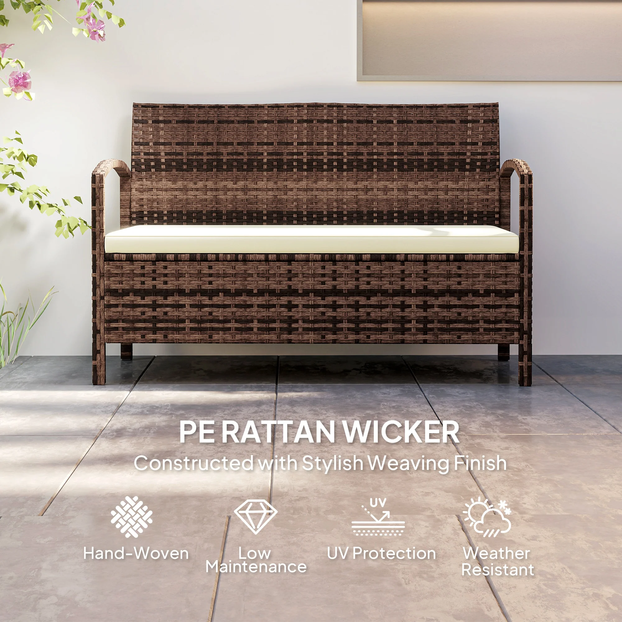 Rattan Garden Bench Loveseat with 125L Capacity Storage & Cushion, for Patio, Brown - Image 7