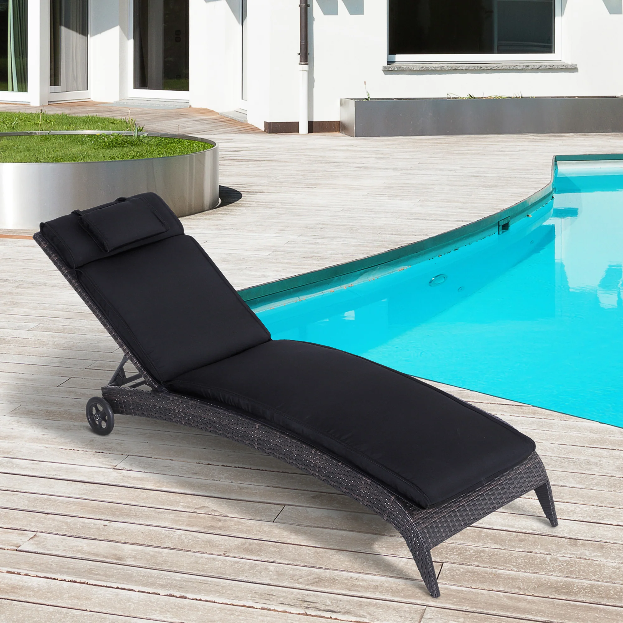 Garden Sun Lounger Cushion Replacement, Sunbed Reclining Chair Pad w/ Pillow, Black - Image 4
