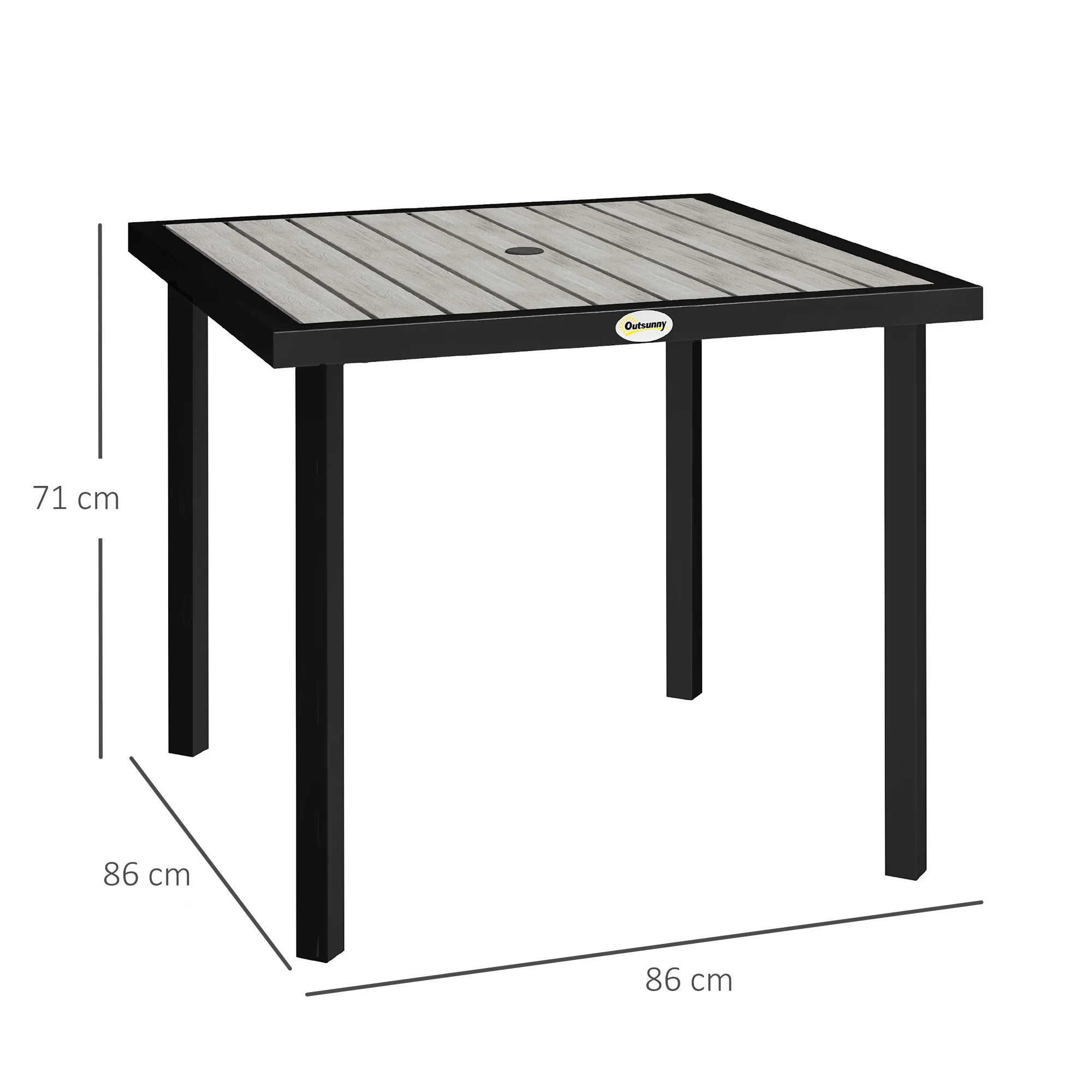 Garden Table for 4 Person, Square 86 x 86 x 71cm Patio Outdoor Dining Table with 5.4cm Parasol Hole, Easy Clean Slatted Top, Metal Frame, for Balcony, Deck, Light Grey - Image 5